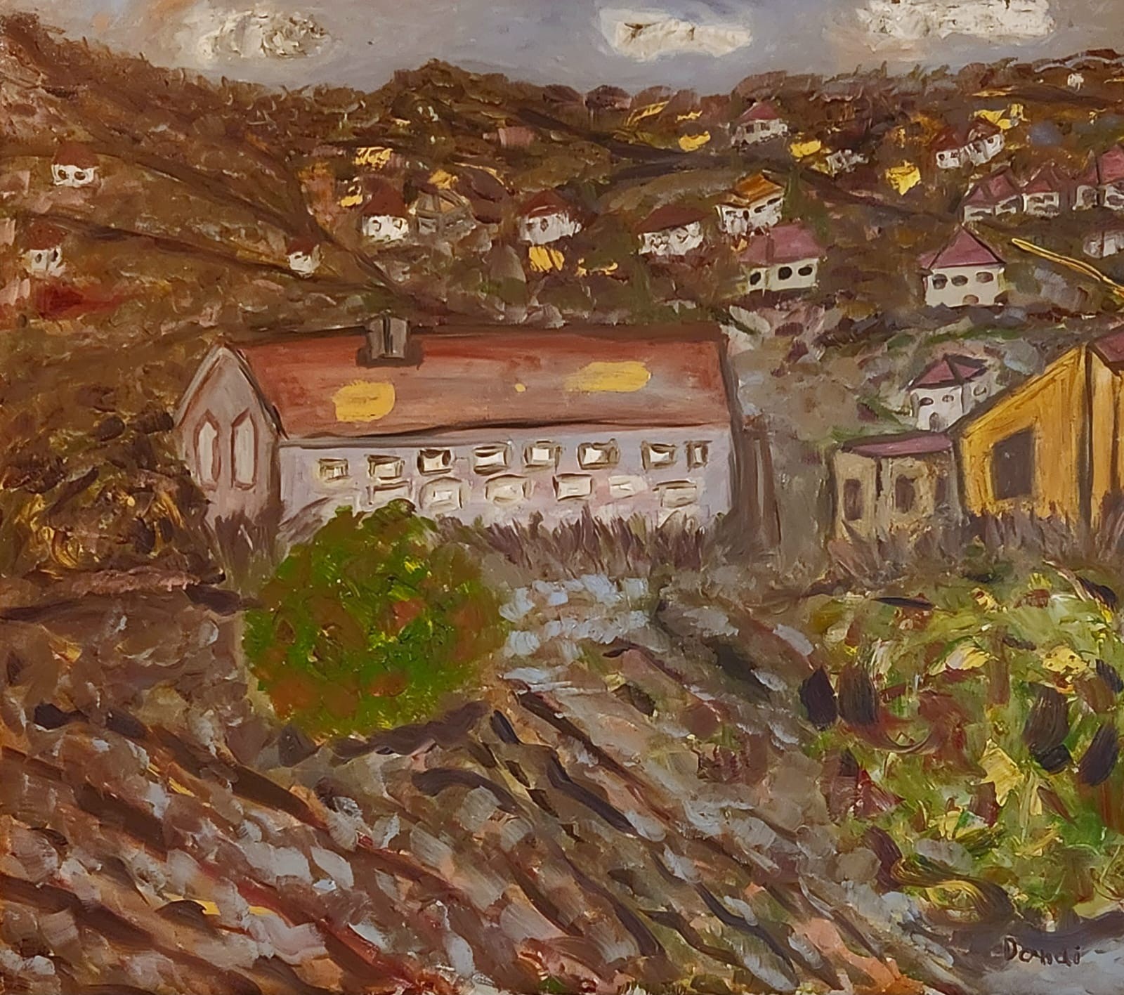 A painting of a small town in the middle of a field.