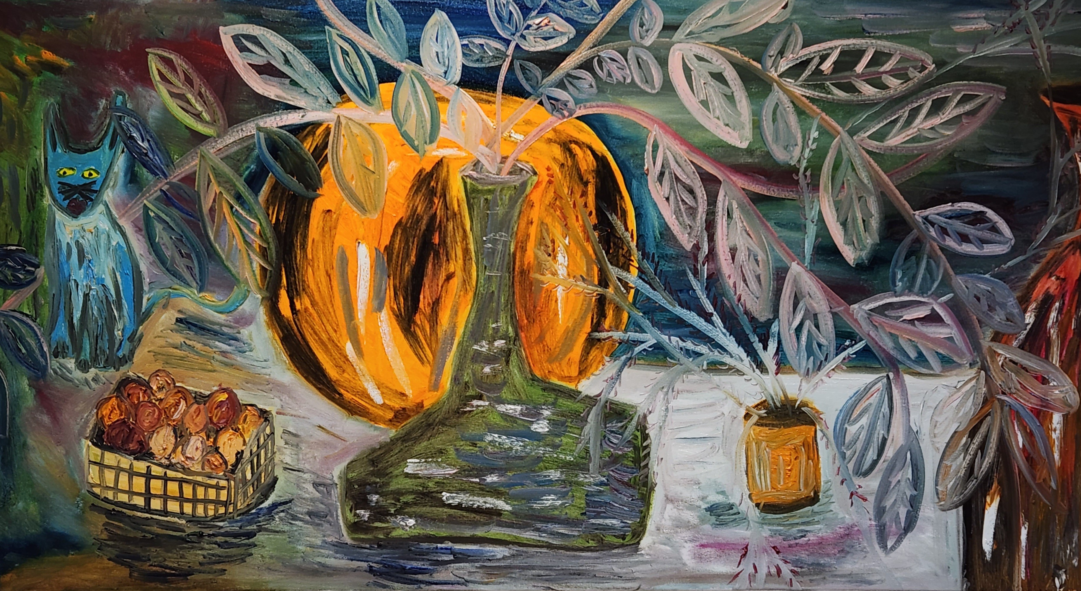 A painting of a vase with a pumpkin and a basket of fruit.