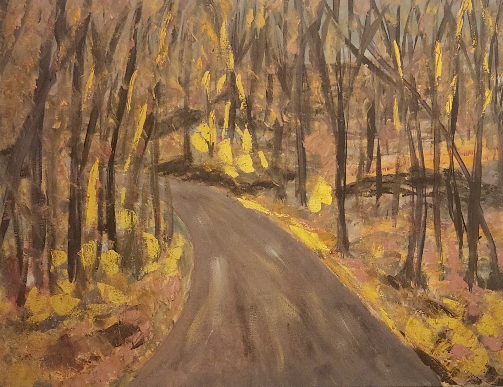 A painting of a dirt road in the woods.