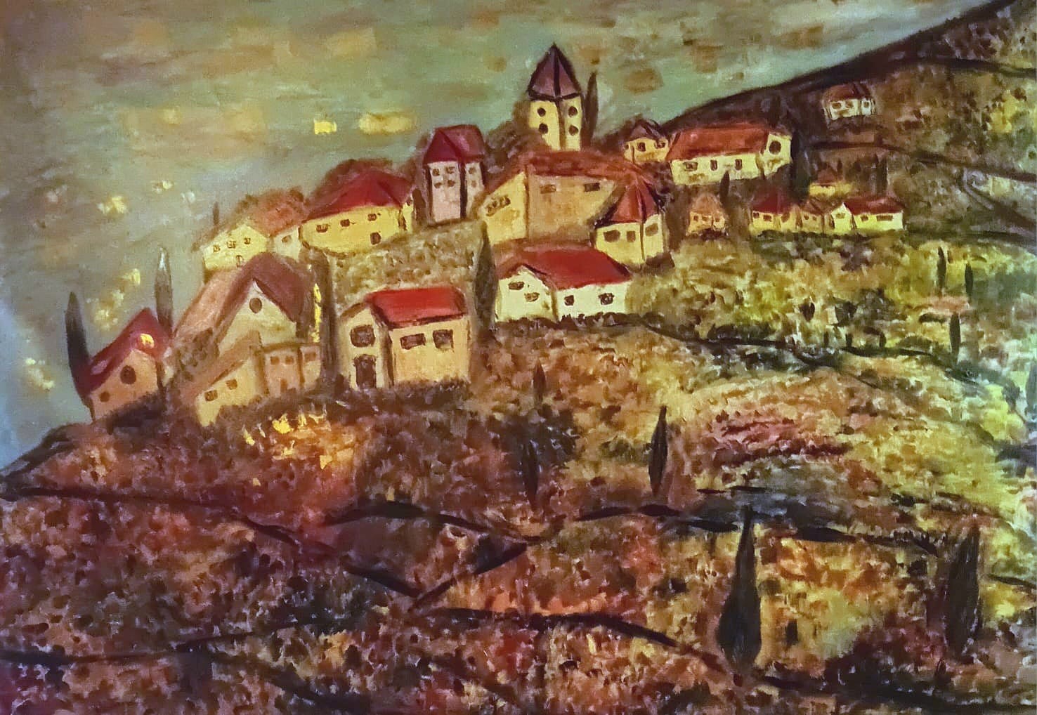 A painting of a small town on a hill.