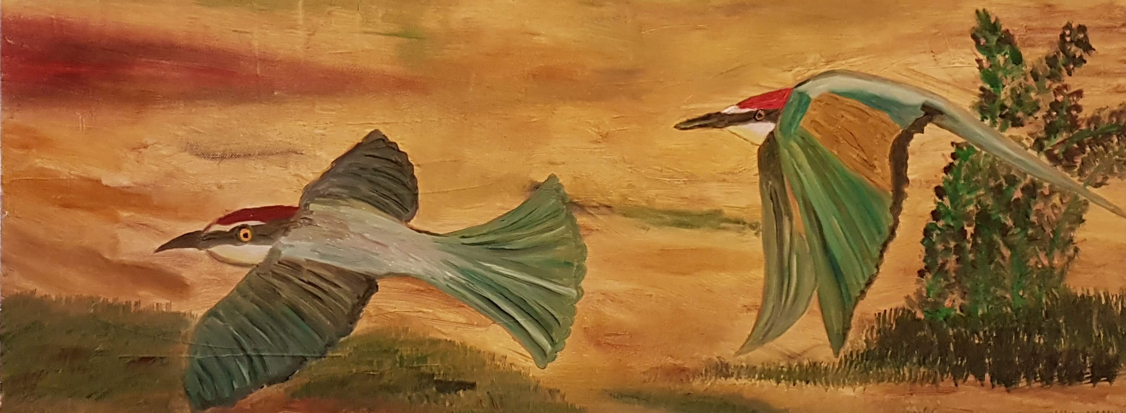 A painting of two birds flying in the sky.