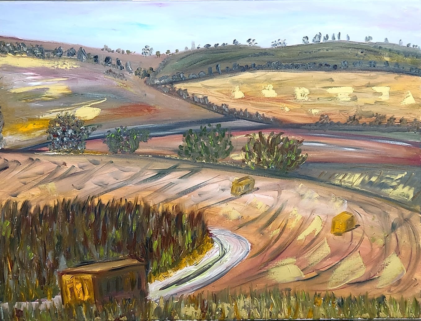 A painting of a landscape with hay bales in the foreground.