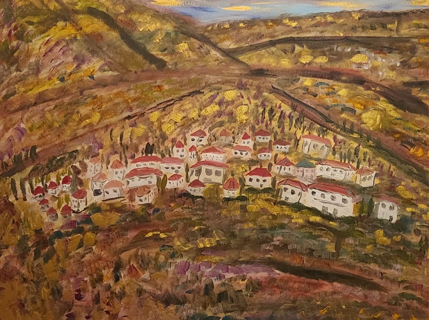 A painting of a small town in the middle of a field.