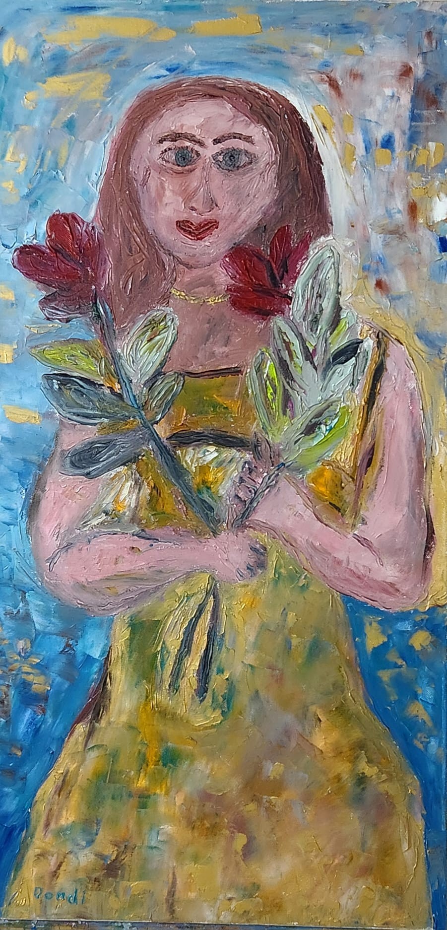 A painting of a woman holding a bunch of flowers.