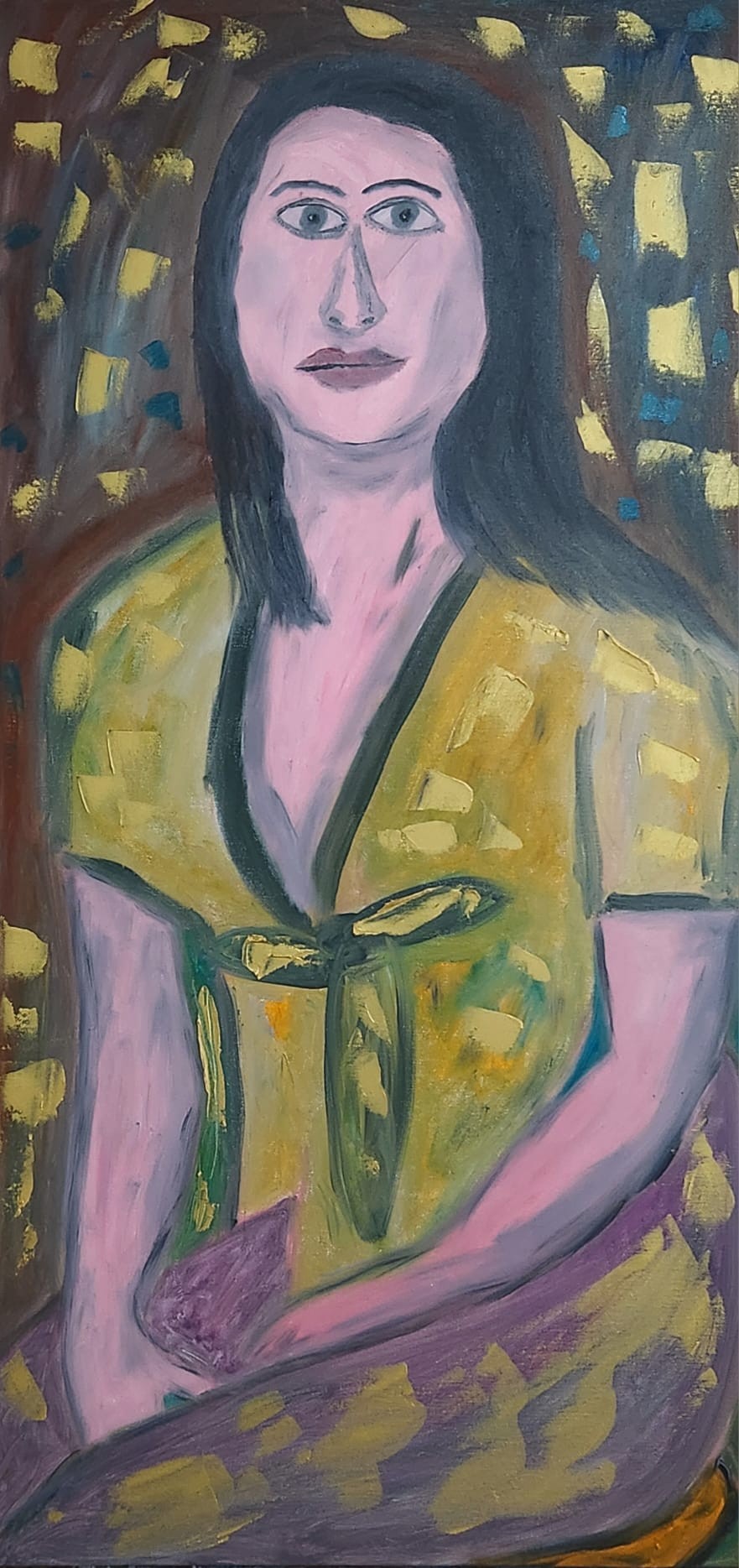 A painting of a woman in a yellow dress.