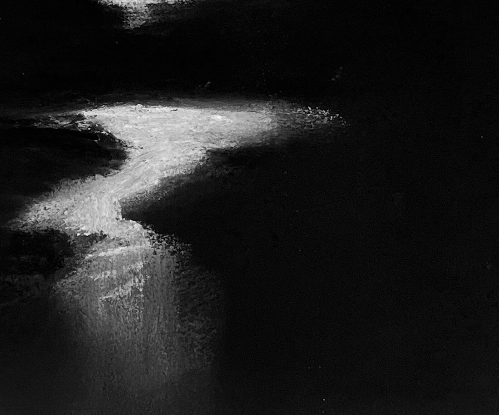 A monochromatic landscape painting featuring a dark valley under a textured sky.