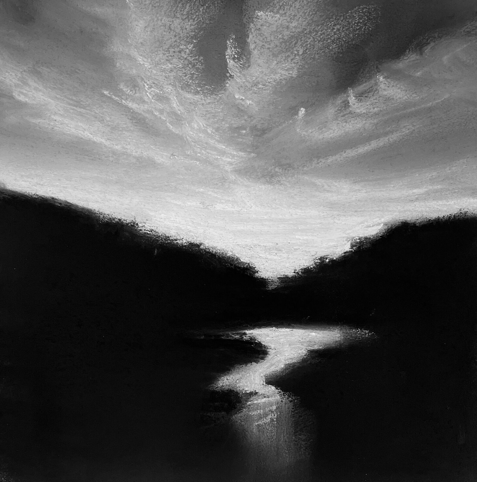 A monochromatic landscape painting featuring a dark valley under a textured sky.
