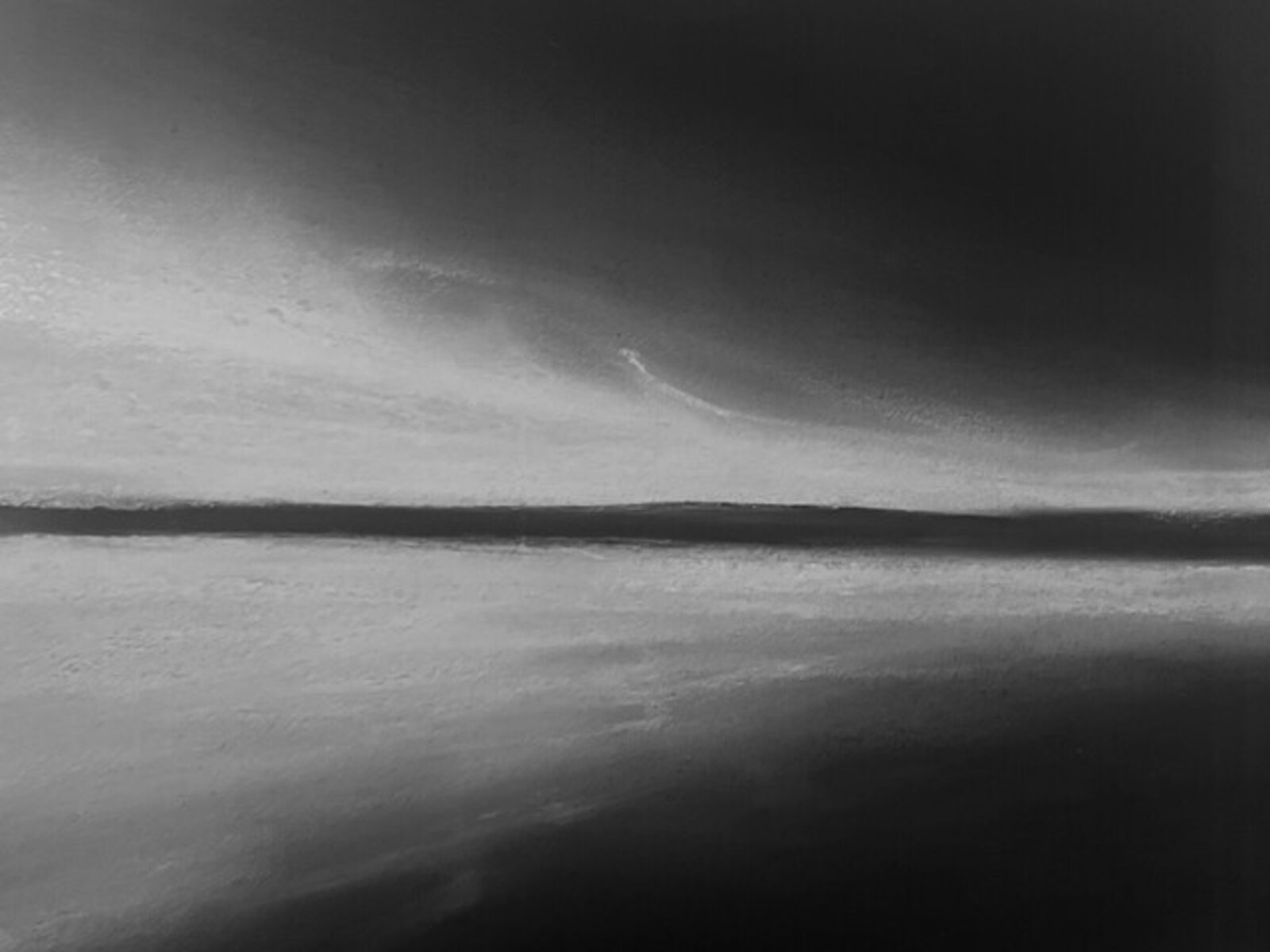 A monochrome seascape painting featuring a dark horizon line under a cloudy sky.