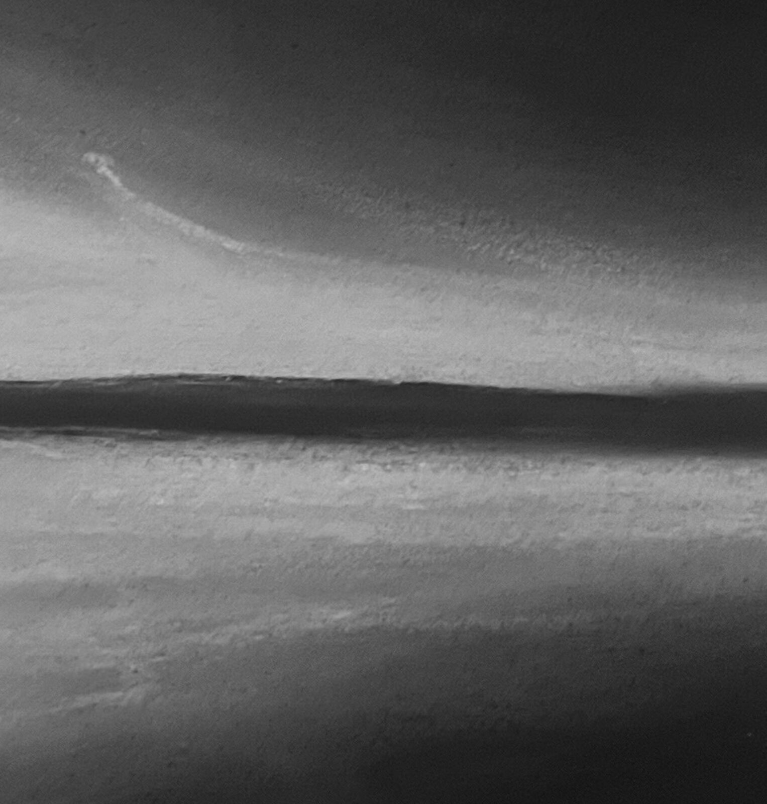 A monochrome seascape painting featuring a dark horizon line under a cloudy sky.