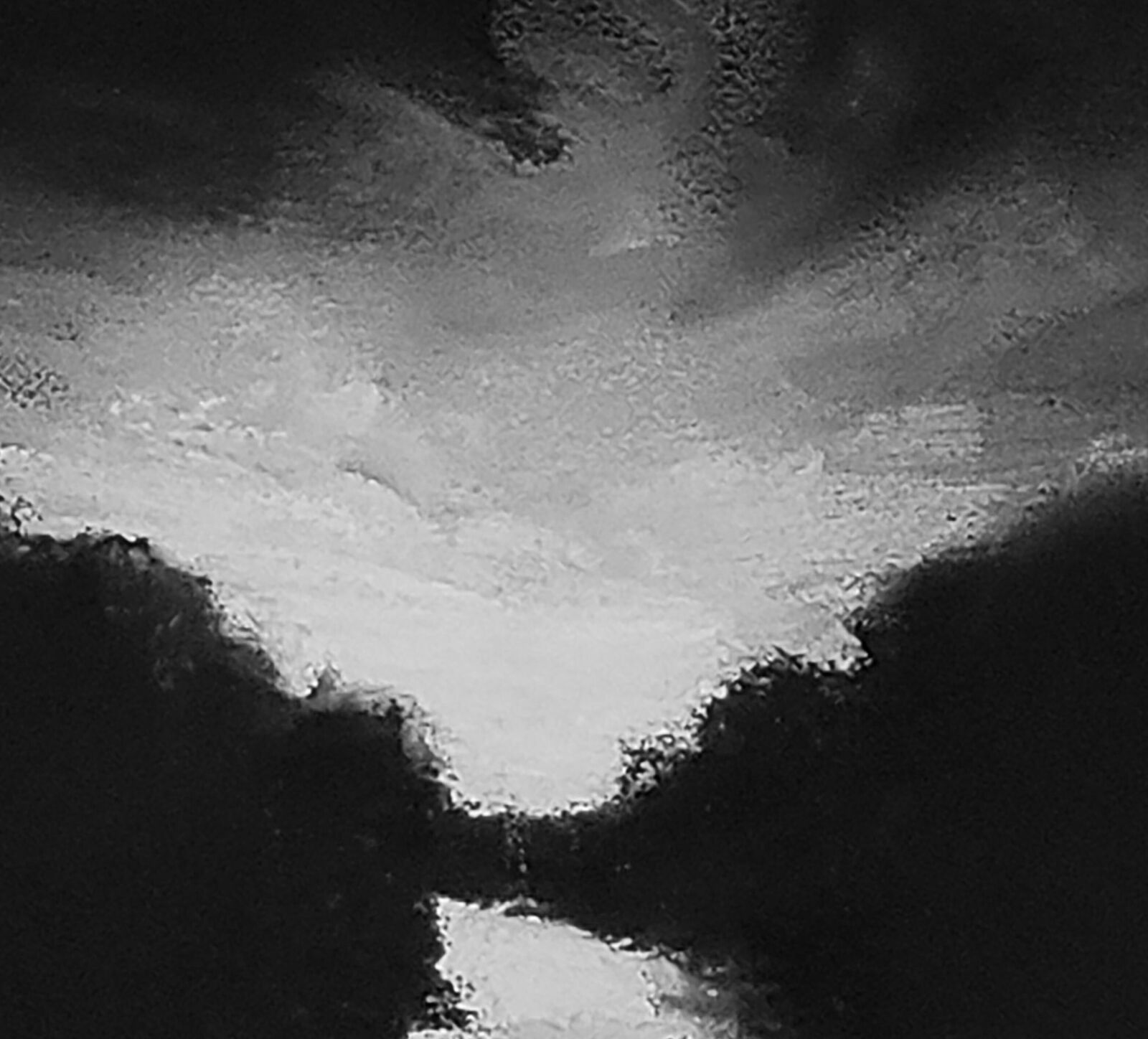 A monochromatic landscape painting depicting a river reflecting a bright sky between dark silhouettes.