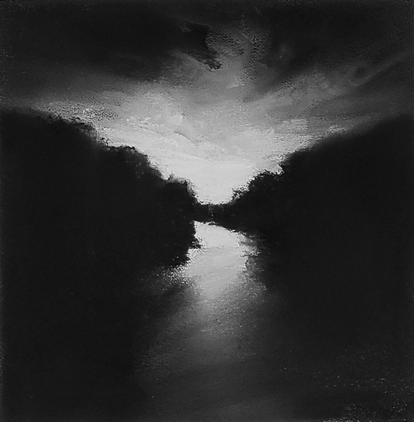 A monochromatic landscape painting depicting a river reflecting a bright sky between dark silhouettes.