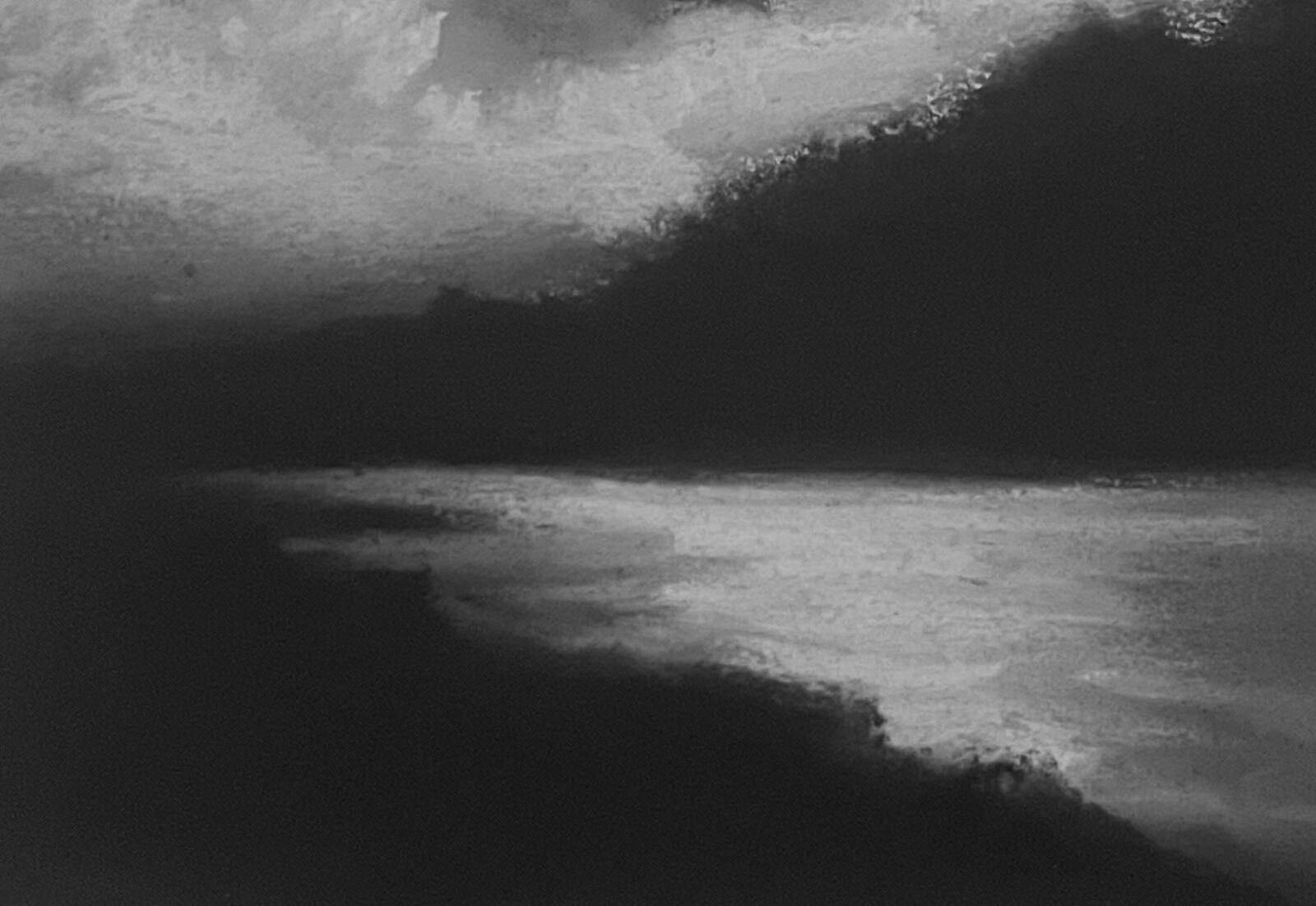 A dramatic monochrome seascape featuring a massive, textured cloud formation looming over a dark ocean.