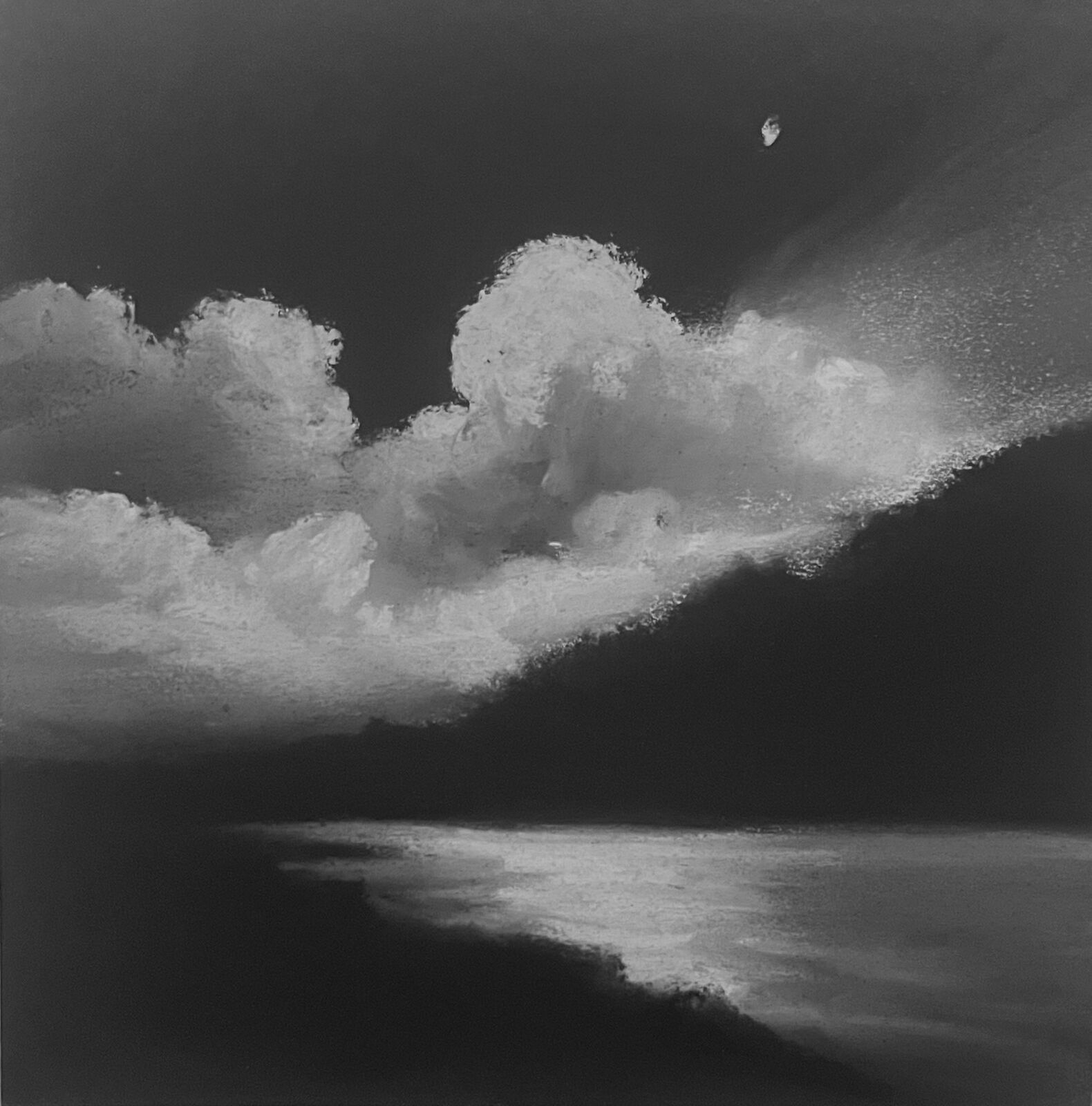 A dramatic monochrome seascape featuring a massive, textured cloud formation looming over a dark ocean.