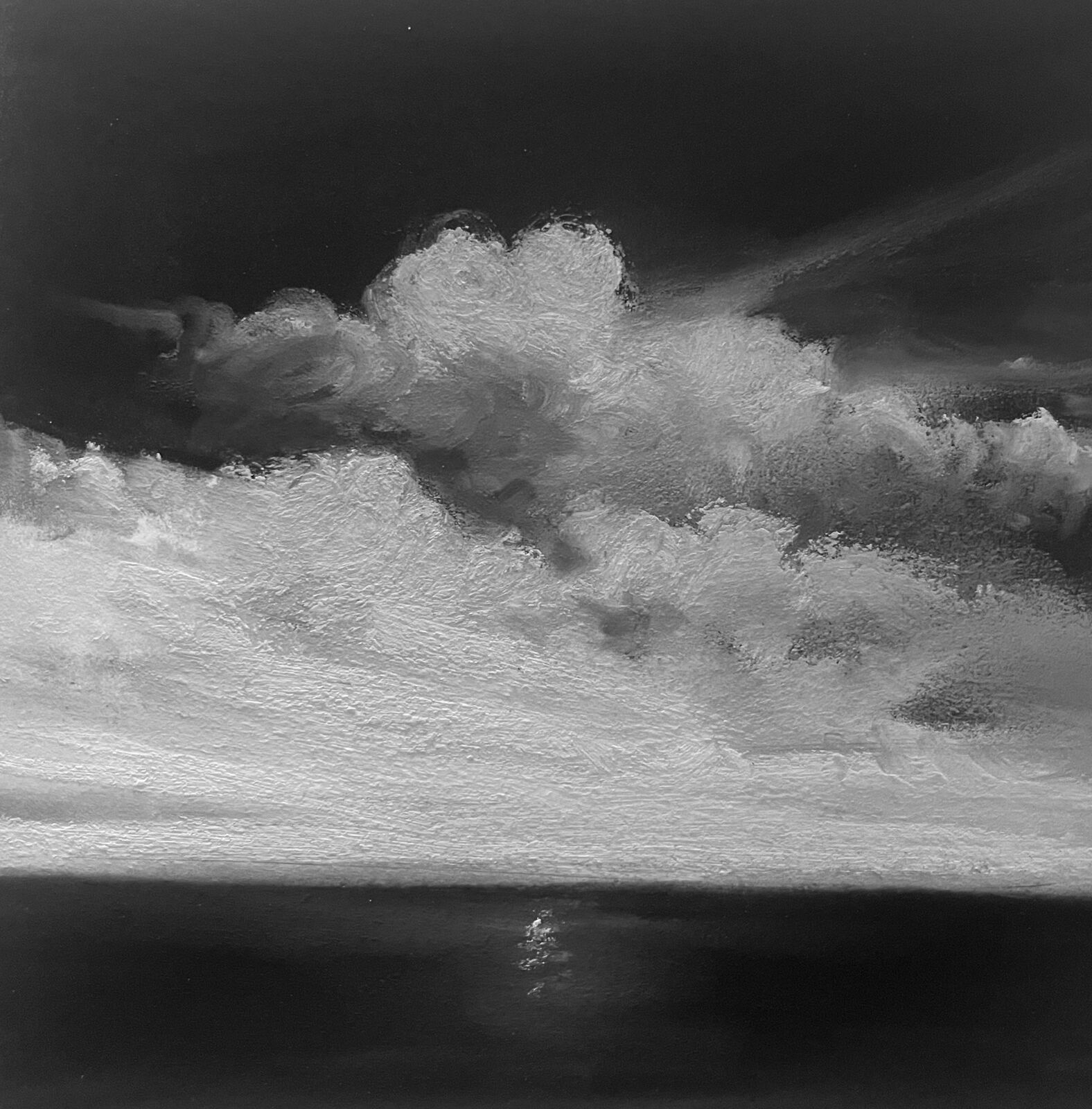 A monochromatic seascape painting featuring a turbulent sky and dark water.