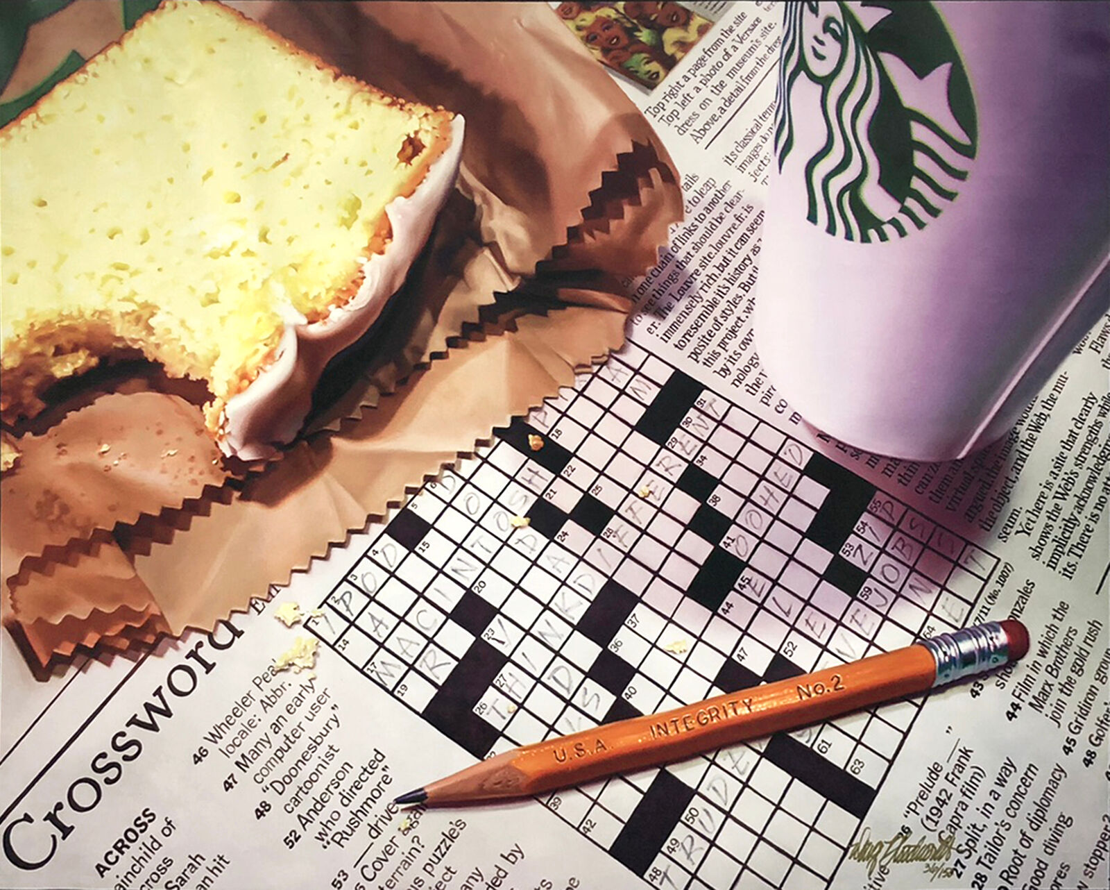A crossword puzzle with a piece of cake next to a cup of coffee.