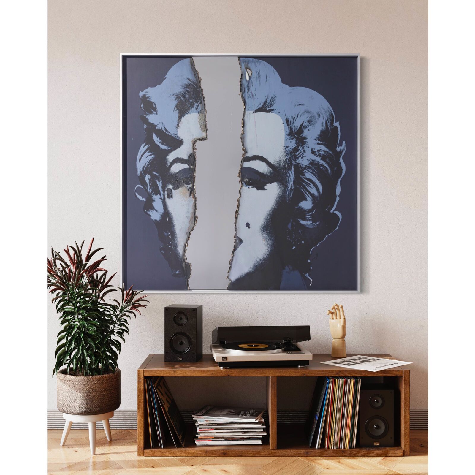 A painting of a man and a woman with torn pieces of paper.