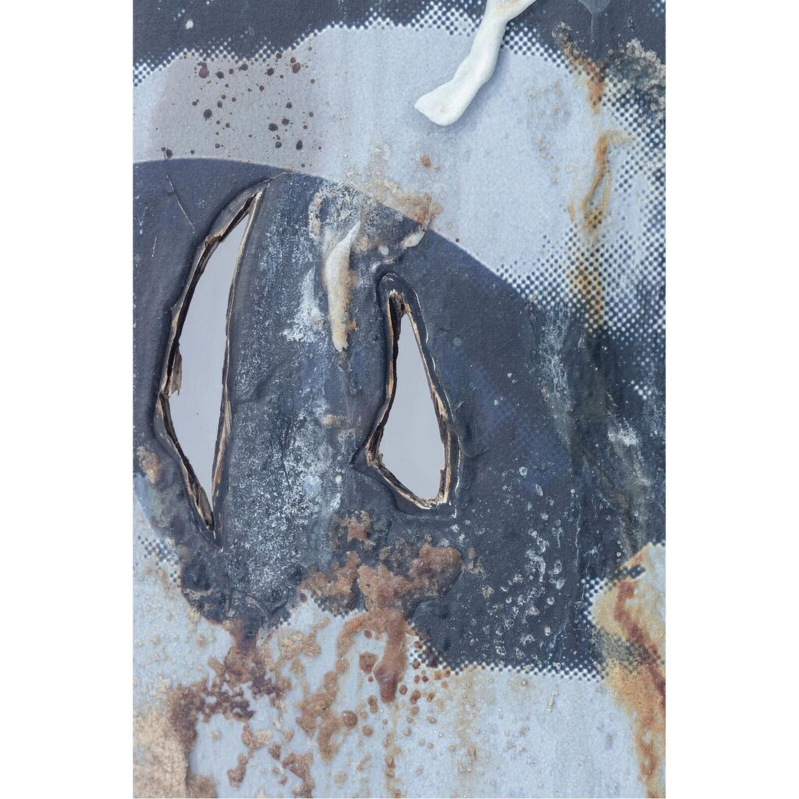 A painting of a man and a woman with torn pieces of paper.