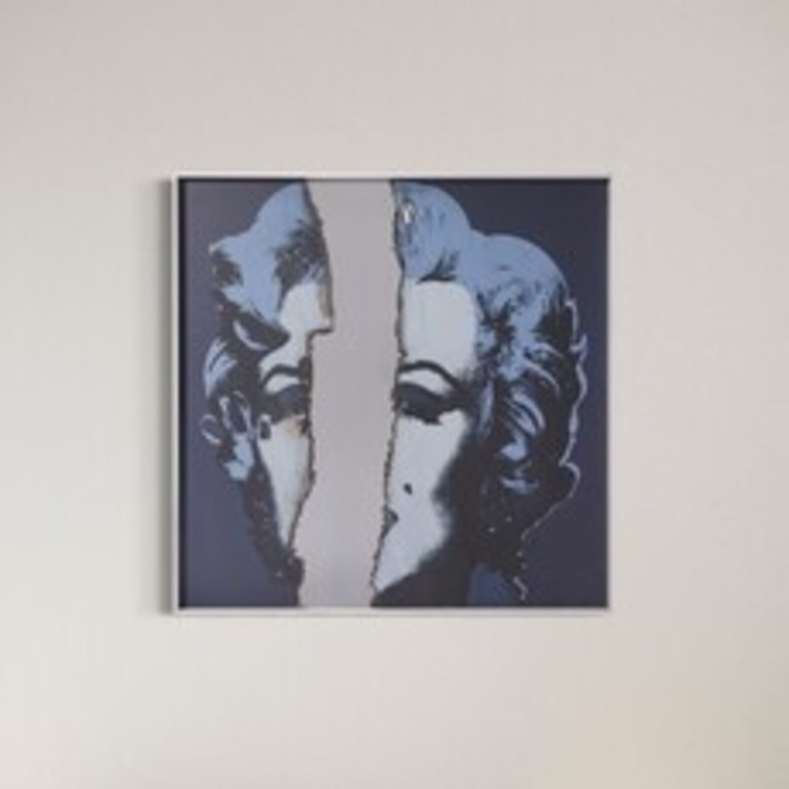 A painting of a man and a woman with torn pieces of paper.