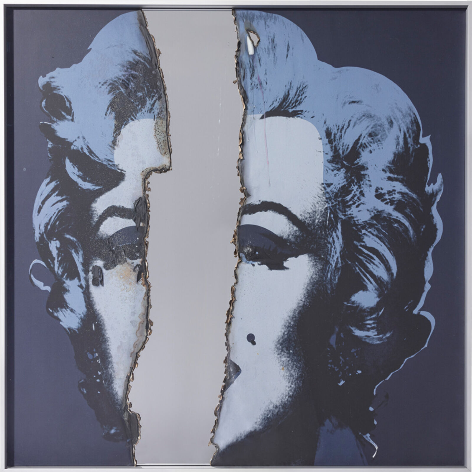 A painting of a man and a woman with torn pieces of paper.