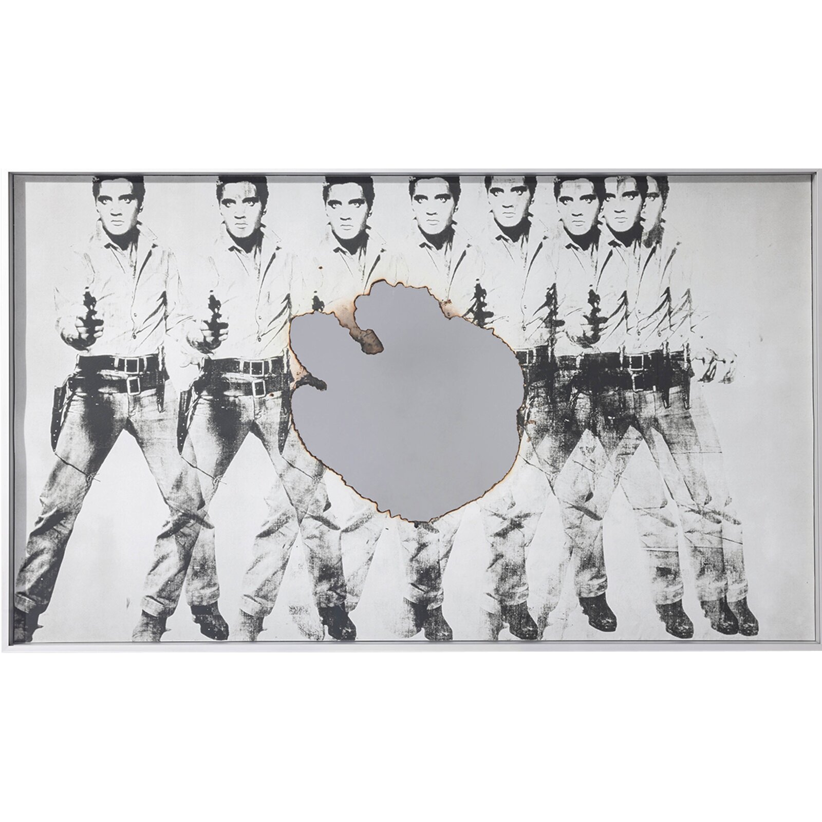 A black-and-white mirror featuring a row of identical figures holding guns, with a large central hole.