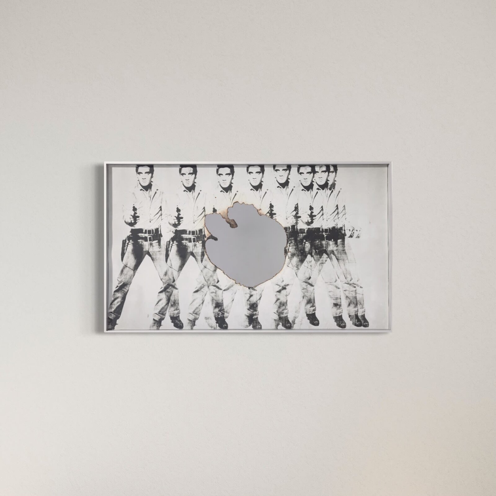 A black-and-white mirror featuring a row of identical figures holding guns, with a large central hole.