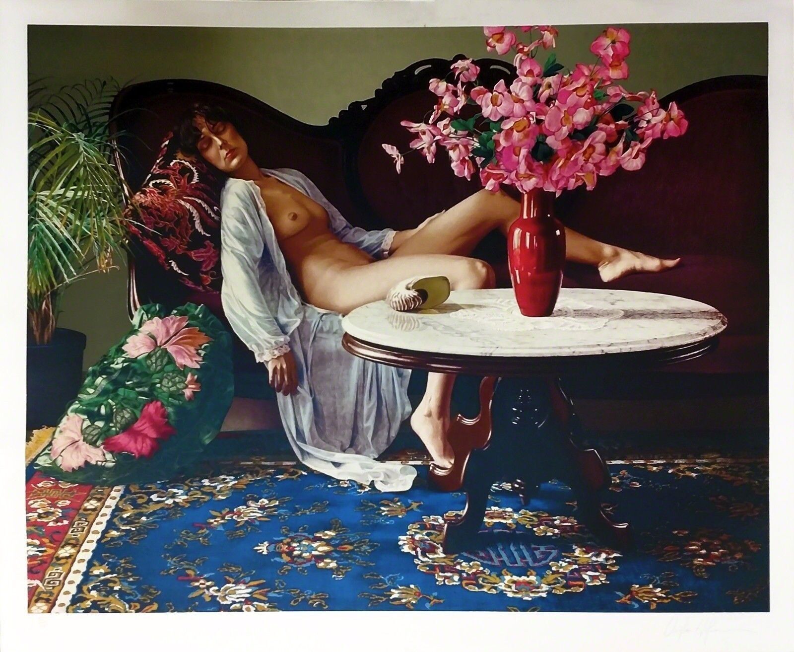 A painting of a woman sitting on a couch next to a table with flowers.