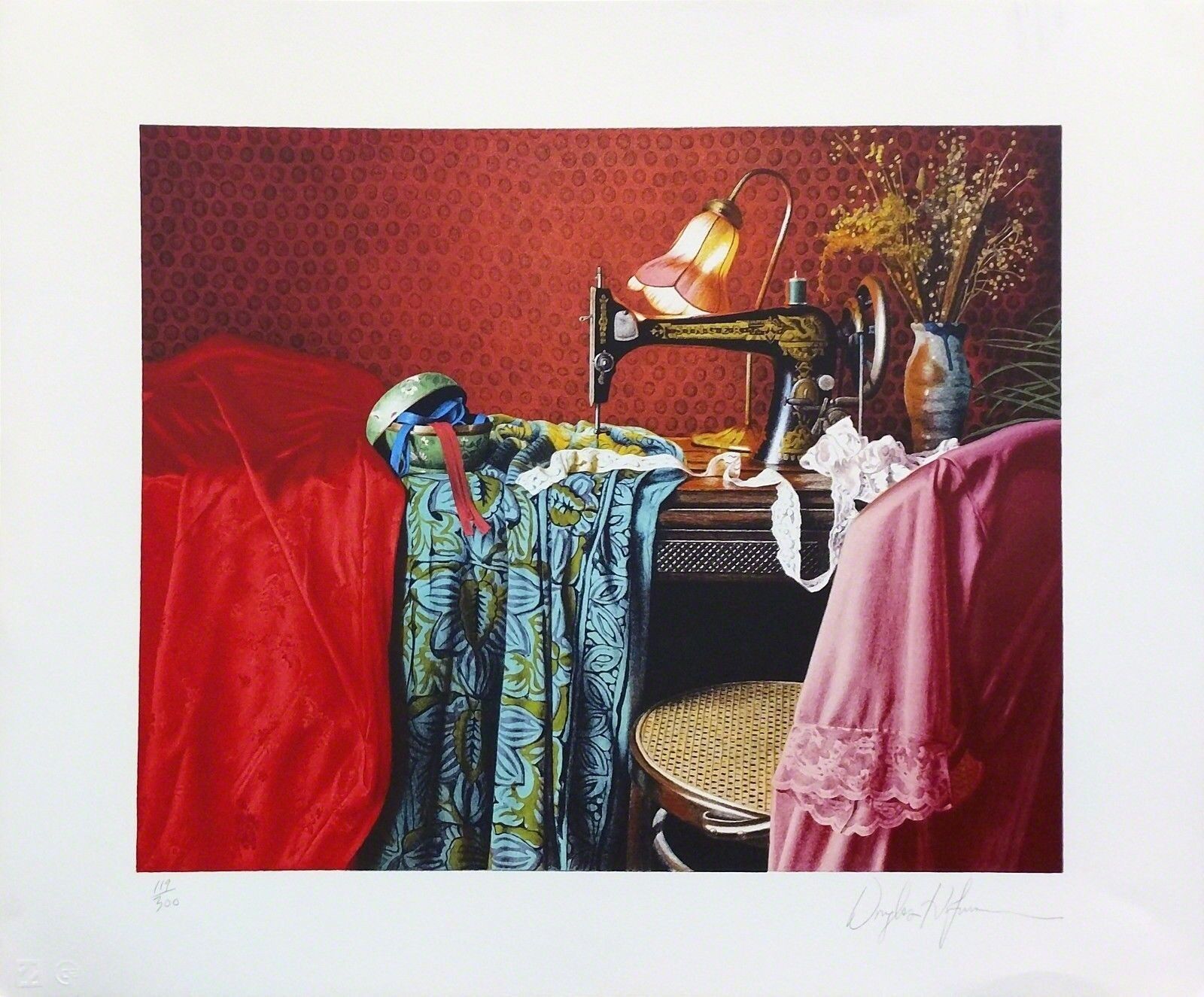 A painting of a sewing machine sitting on top of a table.