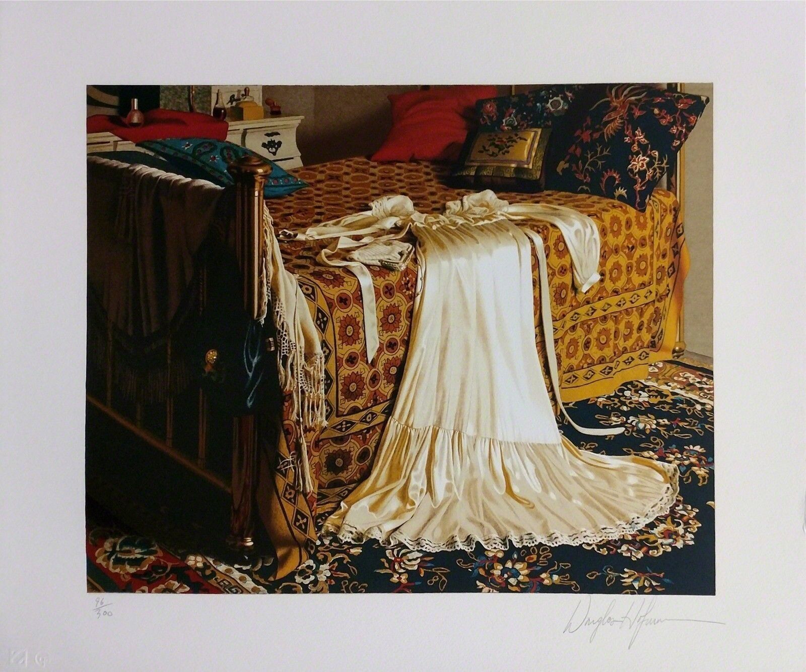 A painting of a bed with a white dress on it.