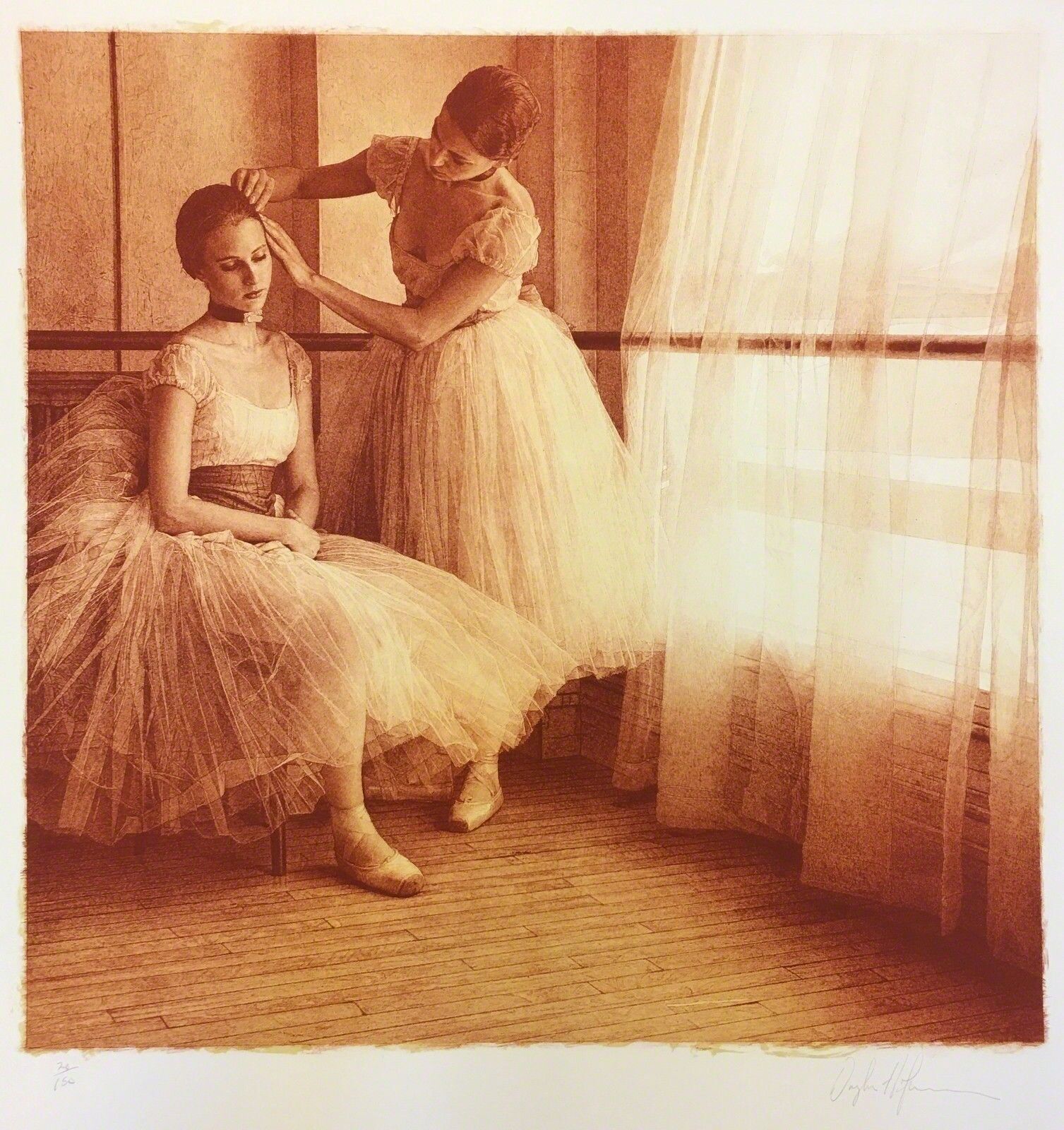 A woman in a tutu sitting on a chair next to another woman.