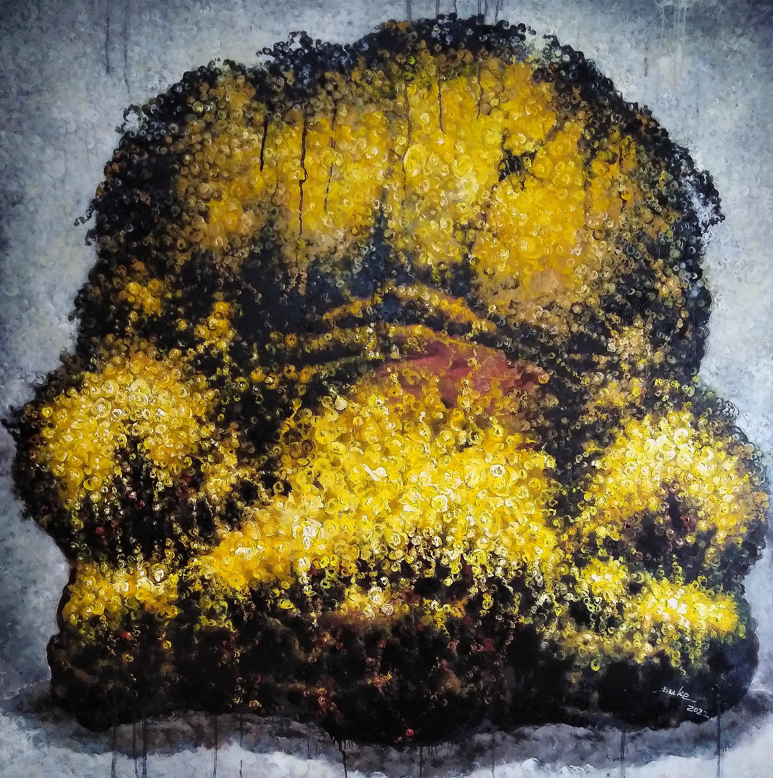 A painting of a woman's face covered in yellow flowers.
