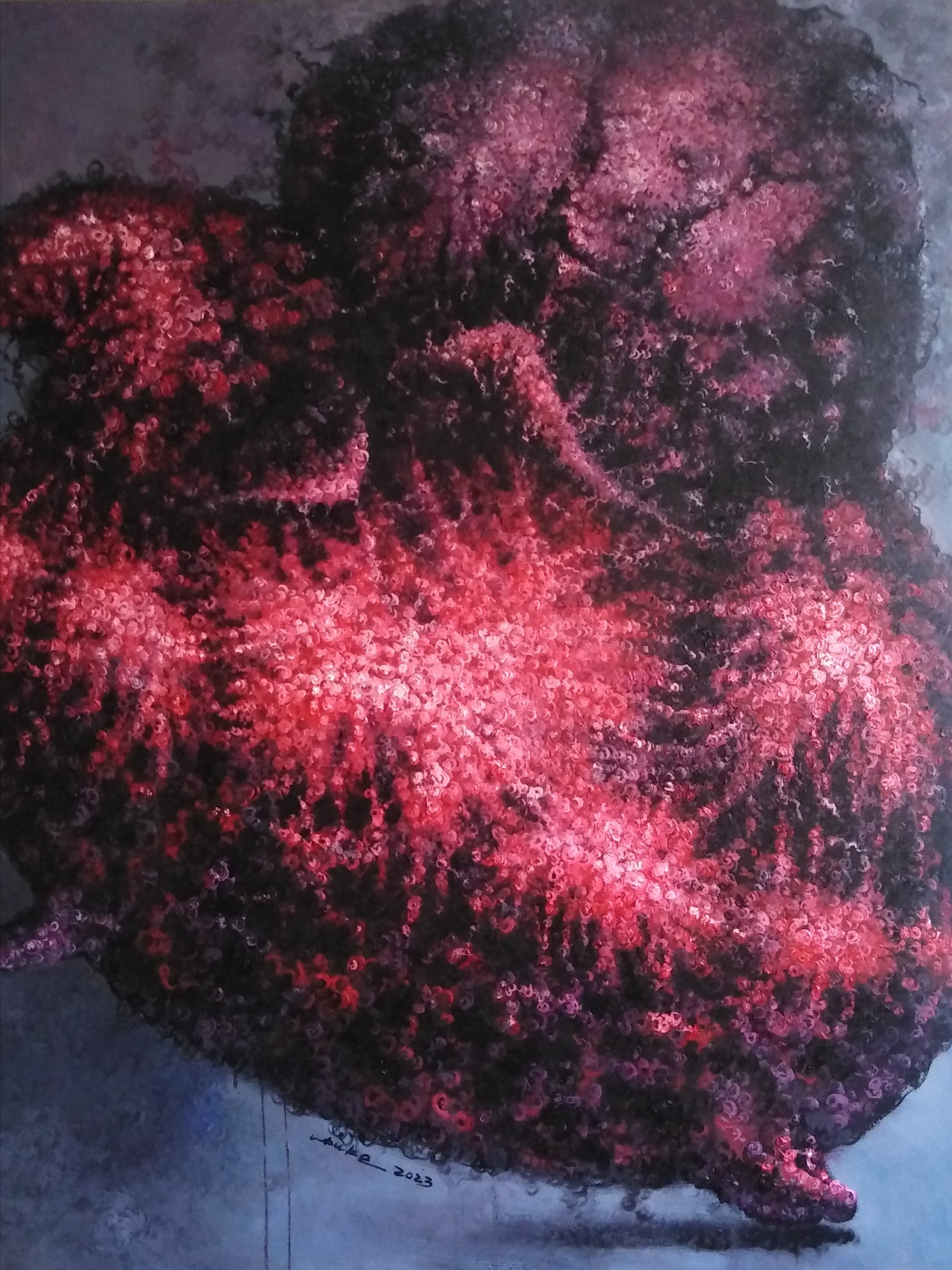 A painting of a red and black cloud on a blue background.