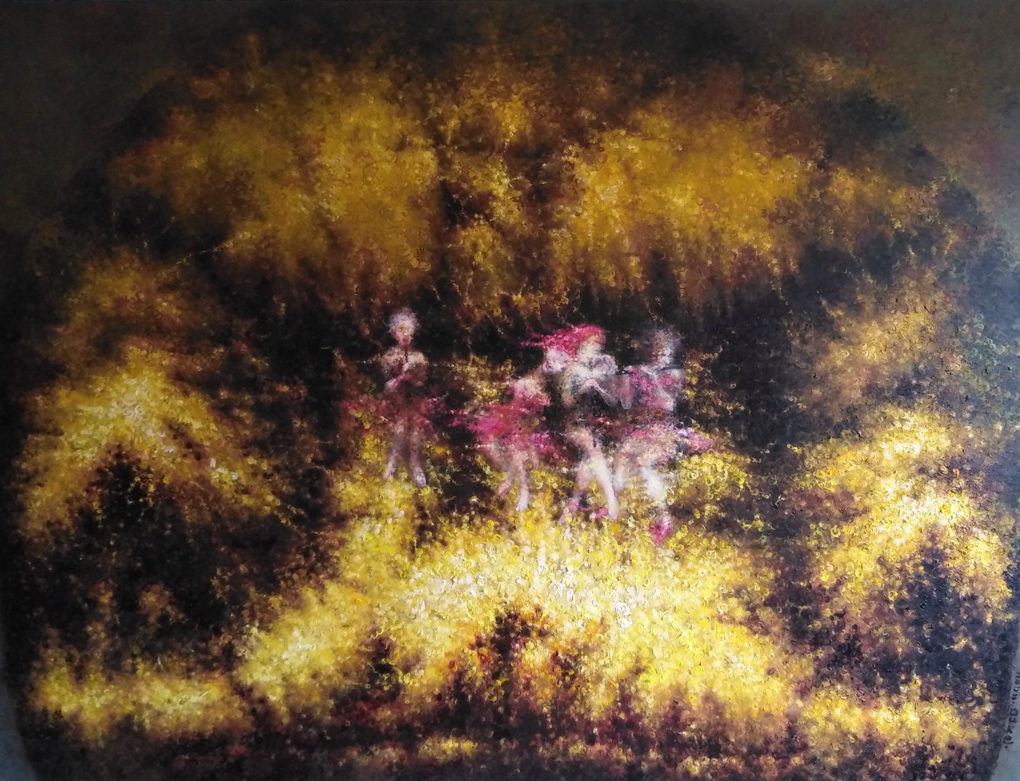 A painting of a group of people in a field of flowers.