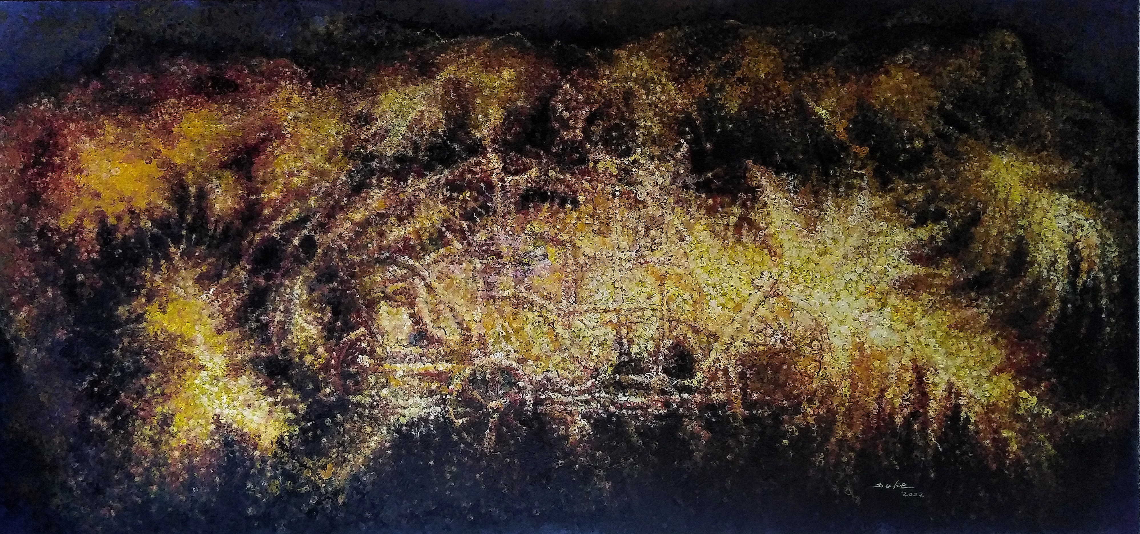 A painting of a tree in the middle of a forest.
