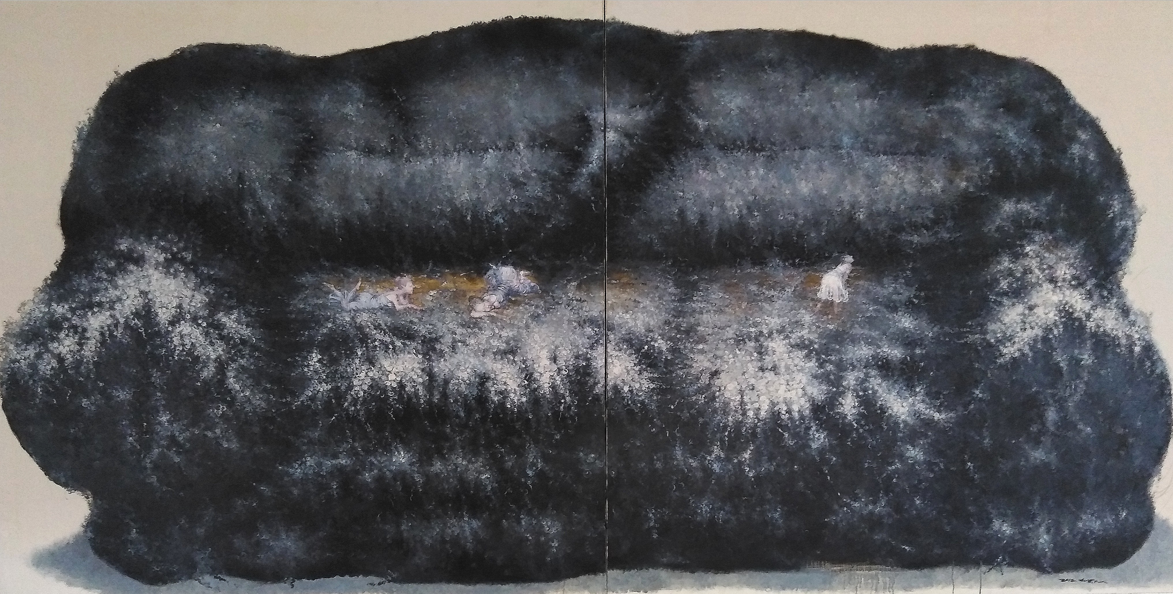 A painting of a black and white painting on a wall.