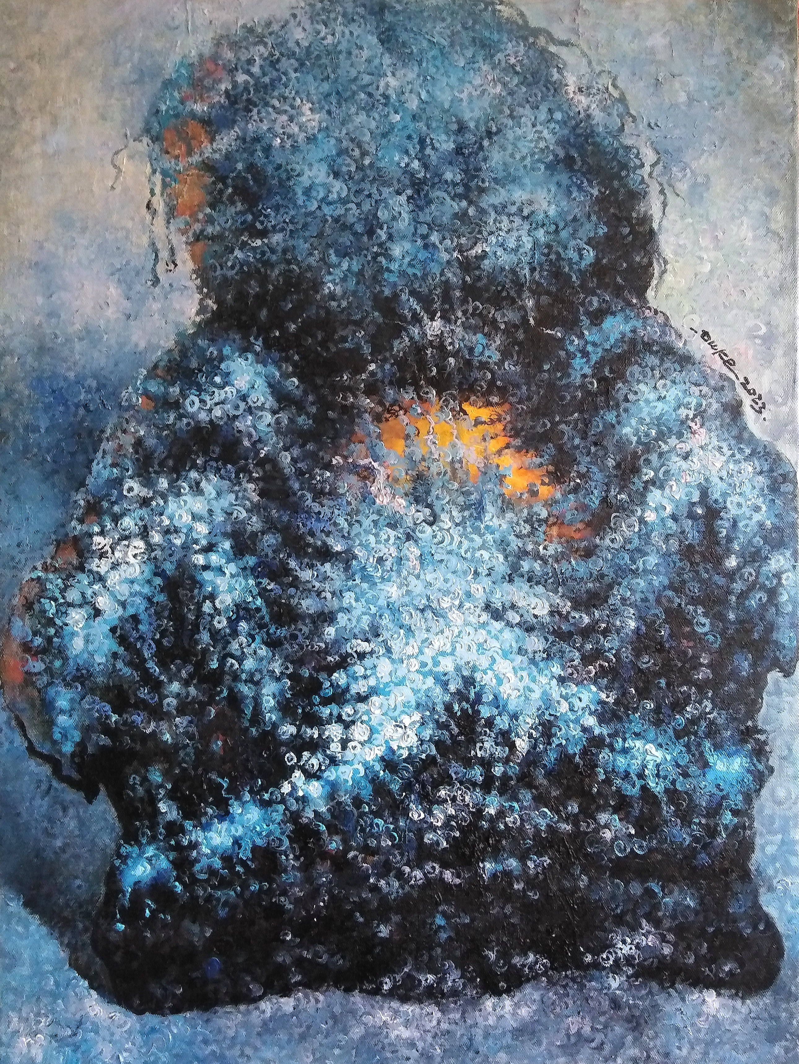 A painting of a person sitting in the snow. 