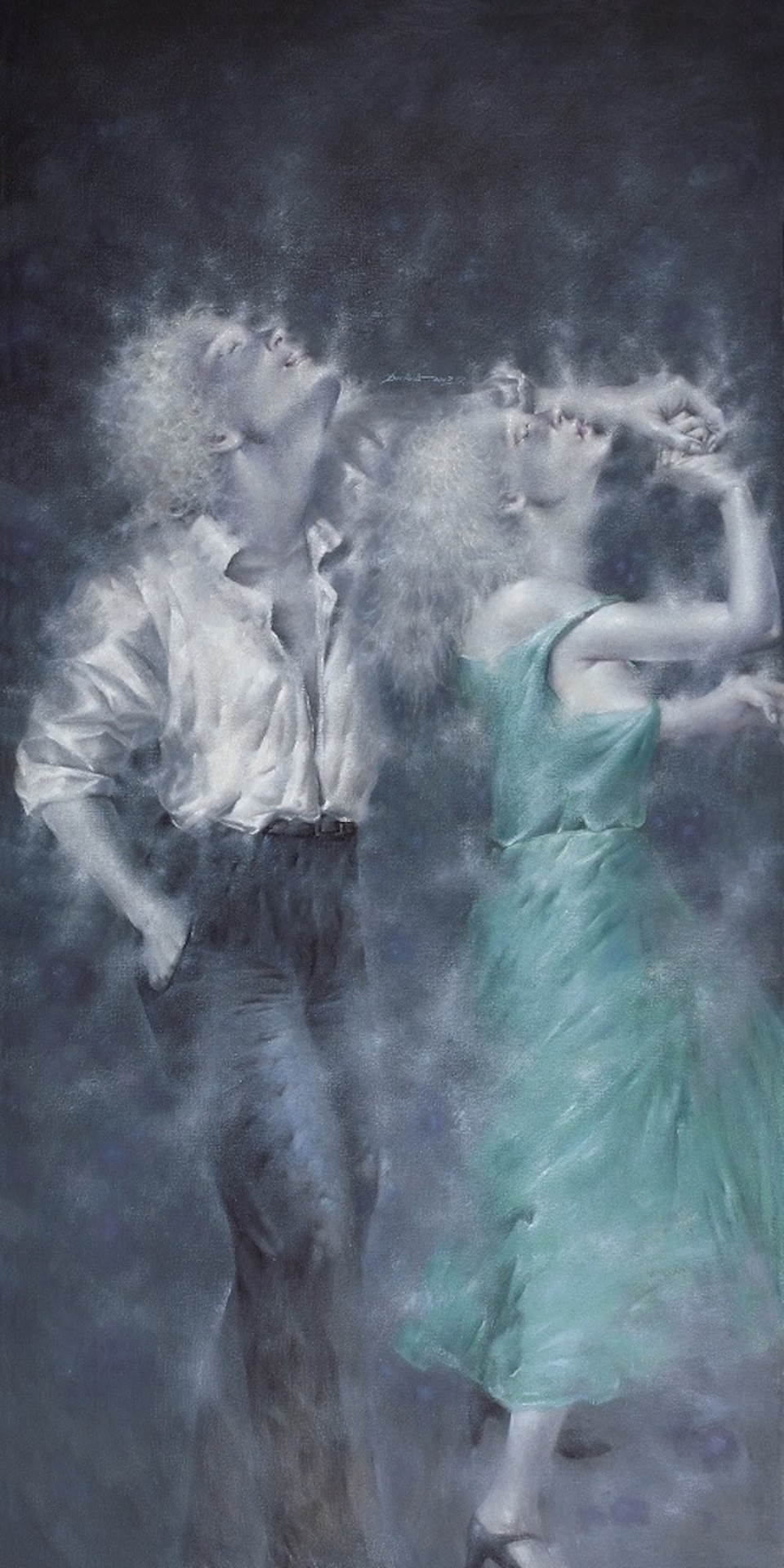 A painting of a man and a woman dancing in the fog.