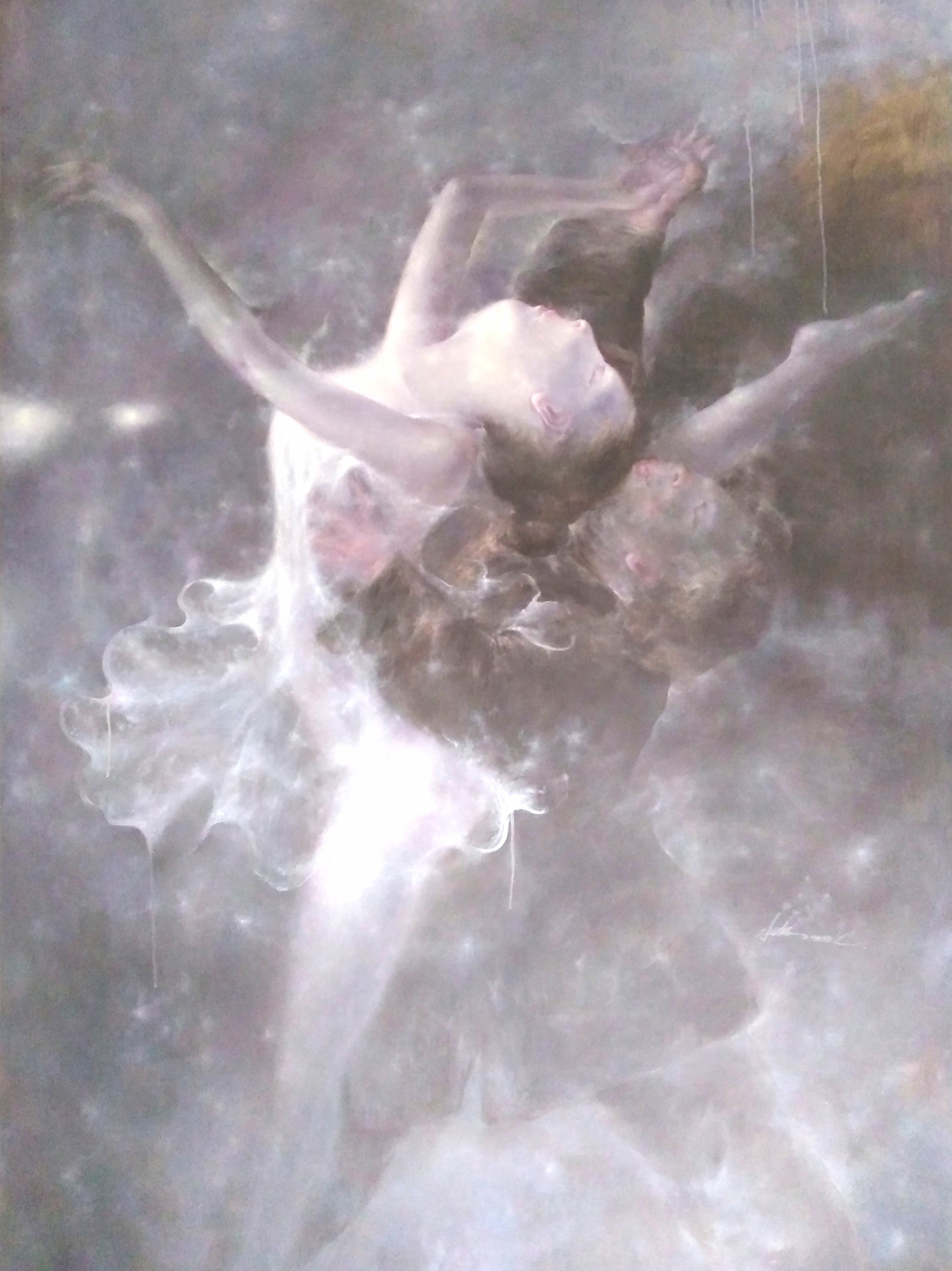 A painting of two ballerinas dancing in the clouds. 