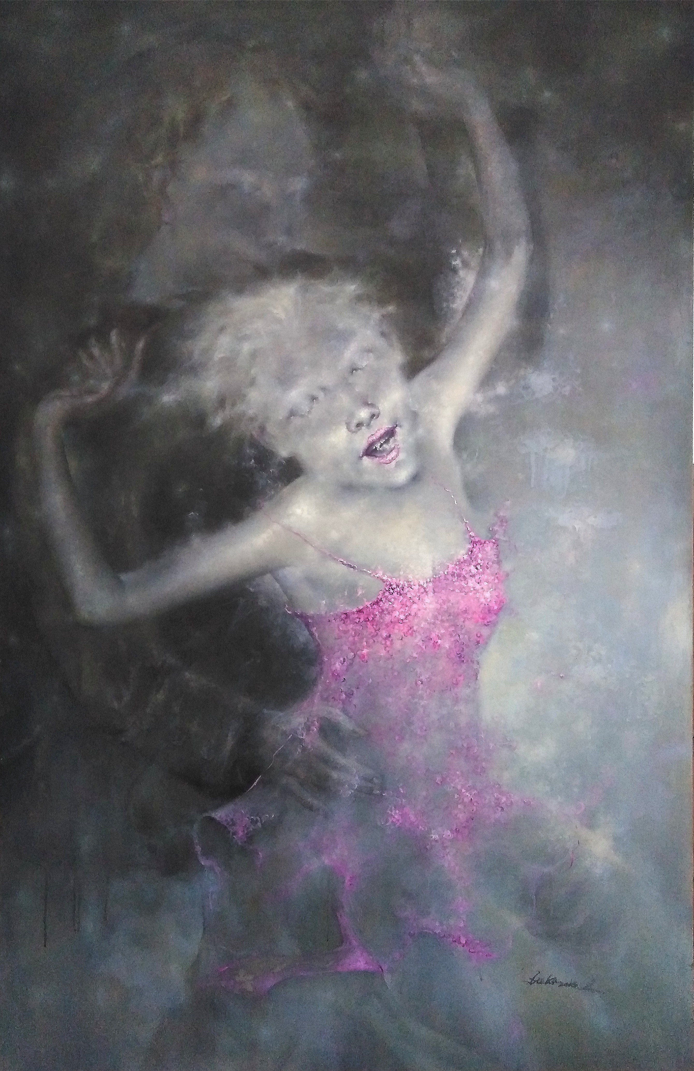 A painting of a woman in a pink dress.