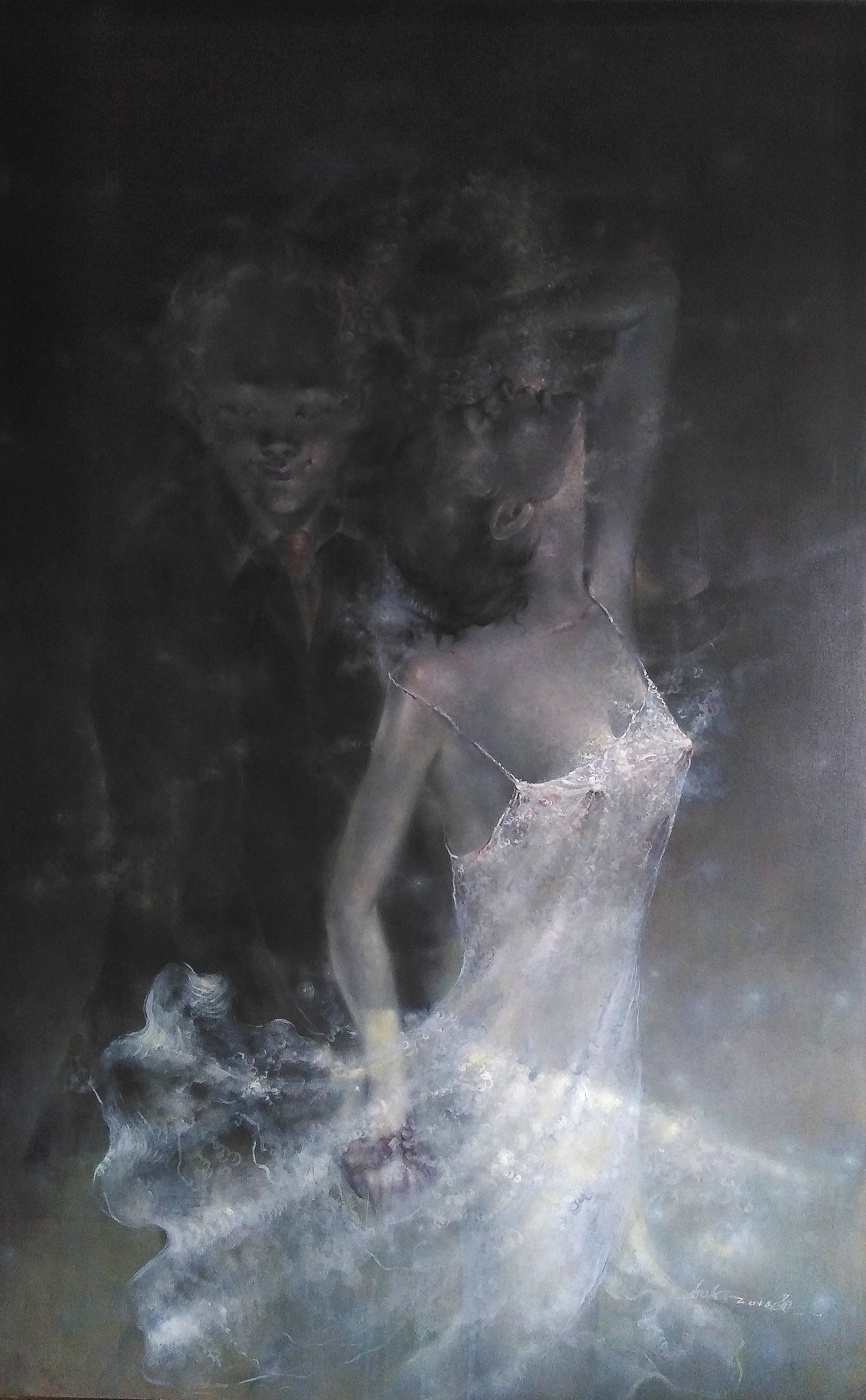 A painting of a woman in a white dress and a man in a black suit.