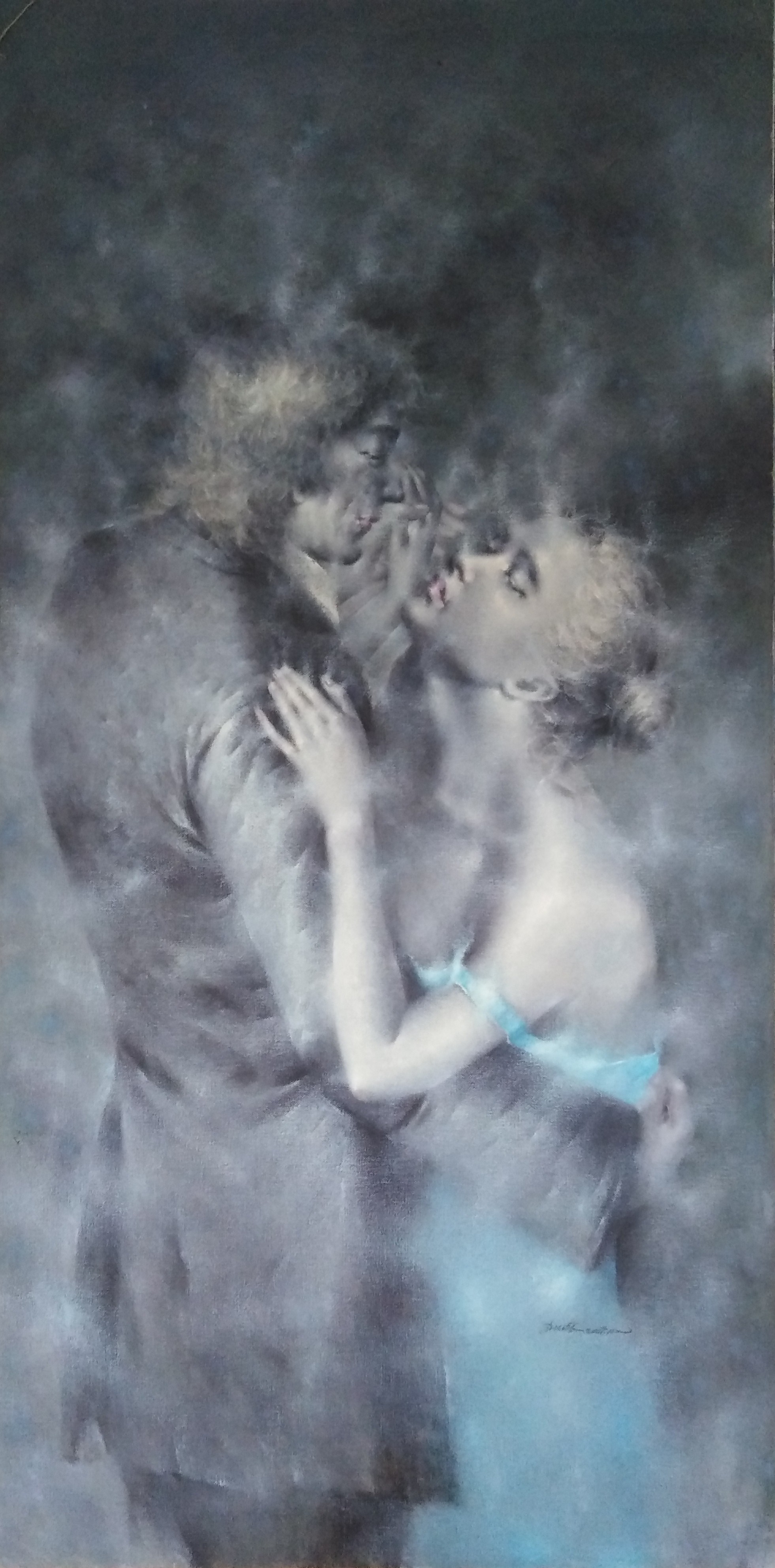 A painting of a man and a woman kissing in the smoke.