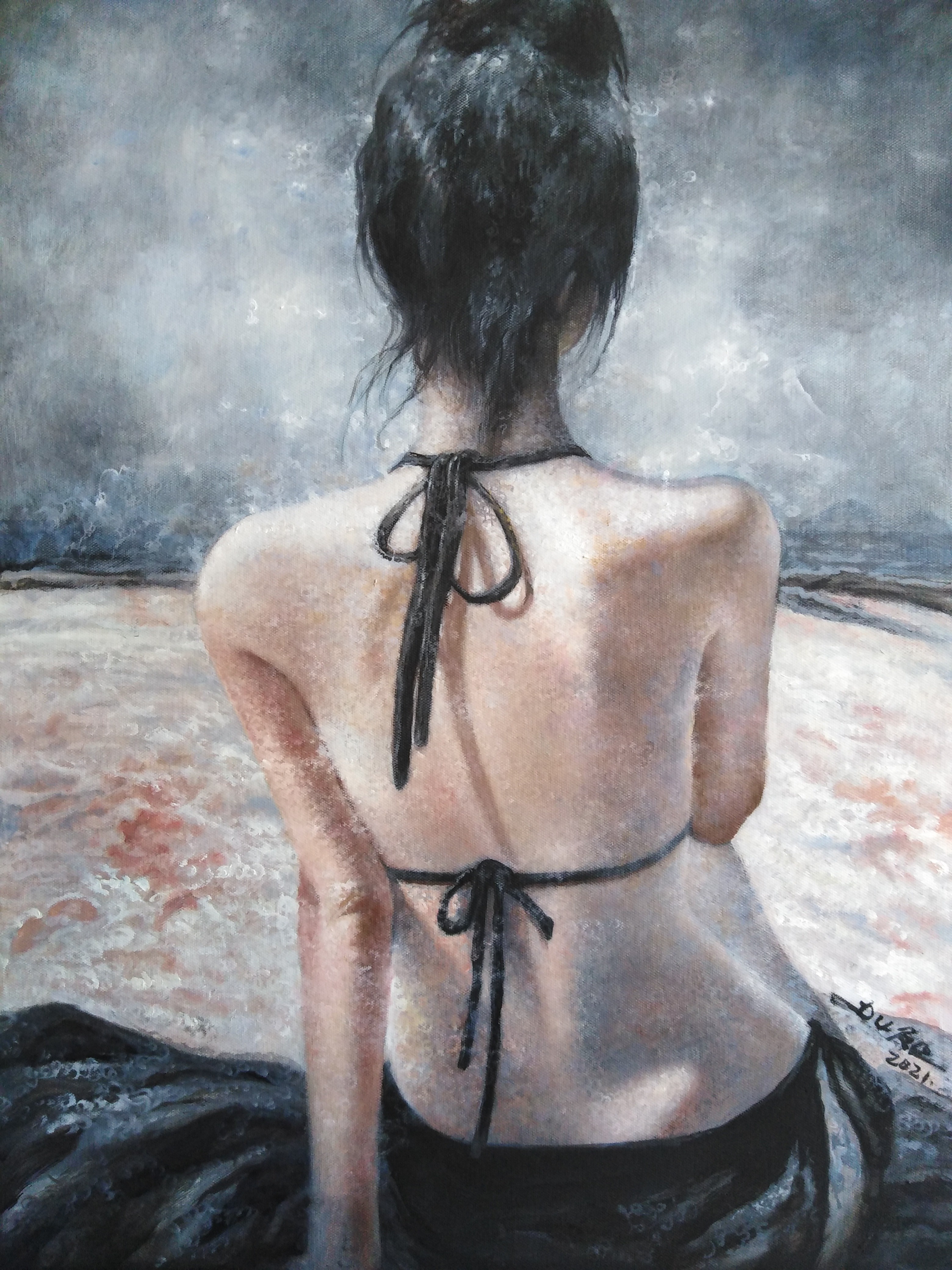A painting of a woman in a black bikini sitting on the beach.