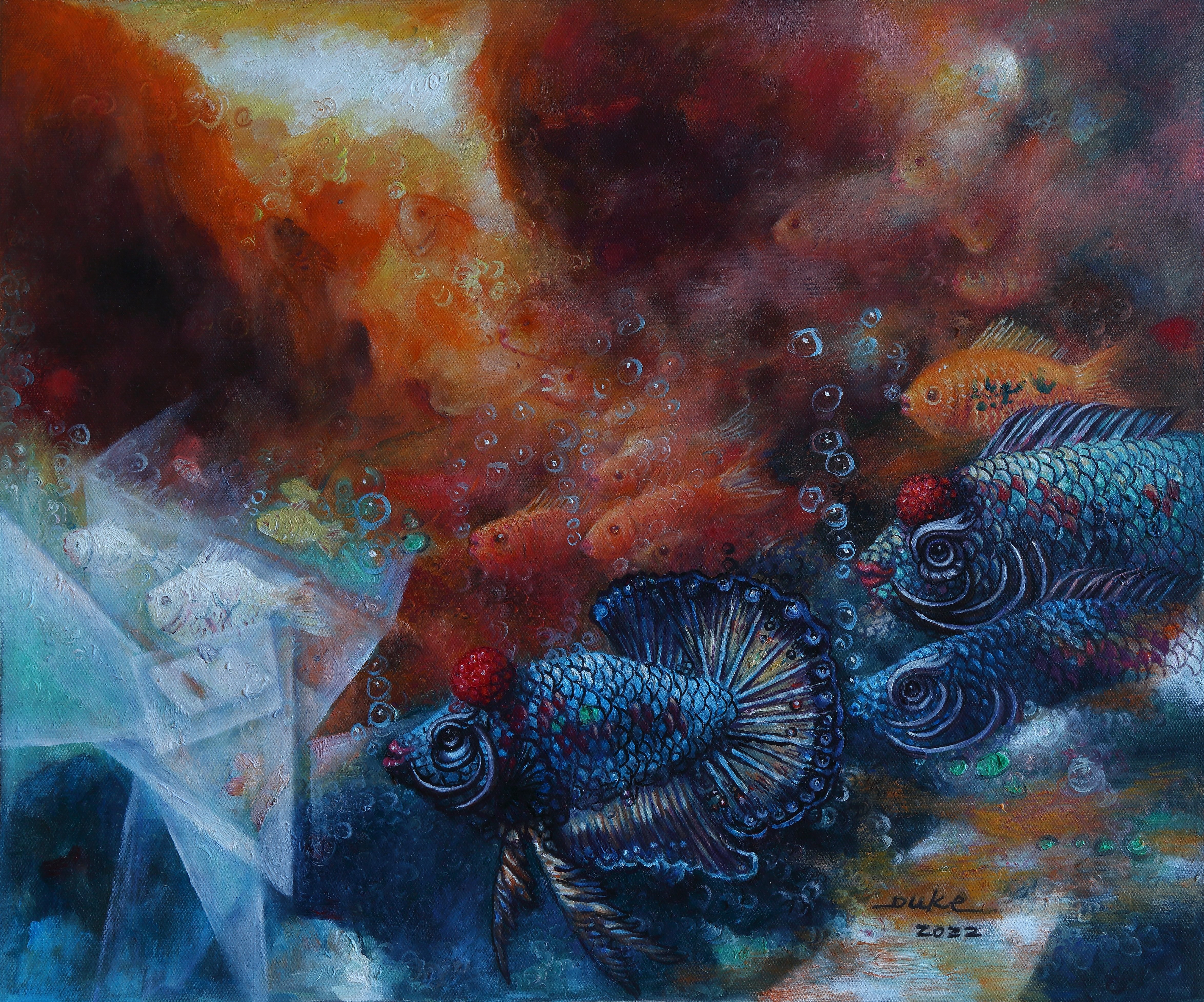A painting of a group of fish swimming in an aquarium.