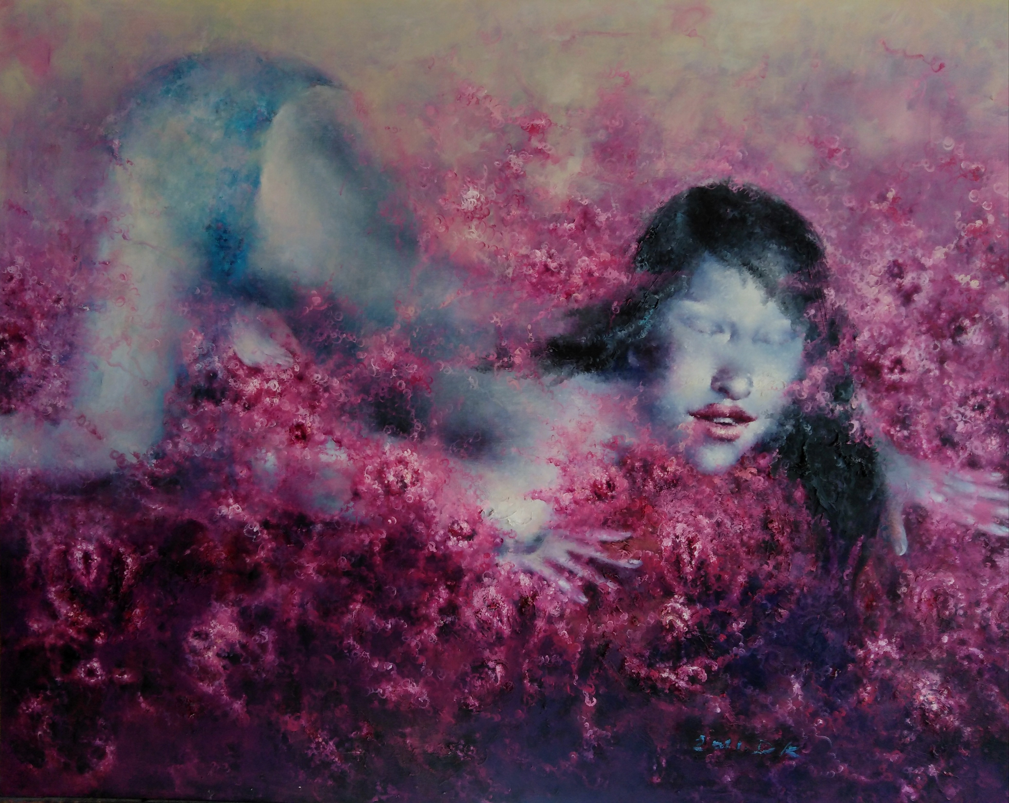A painting of a woman laying on a bed of flowers.
