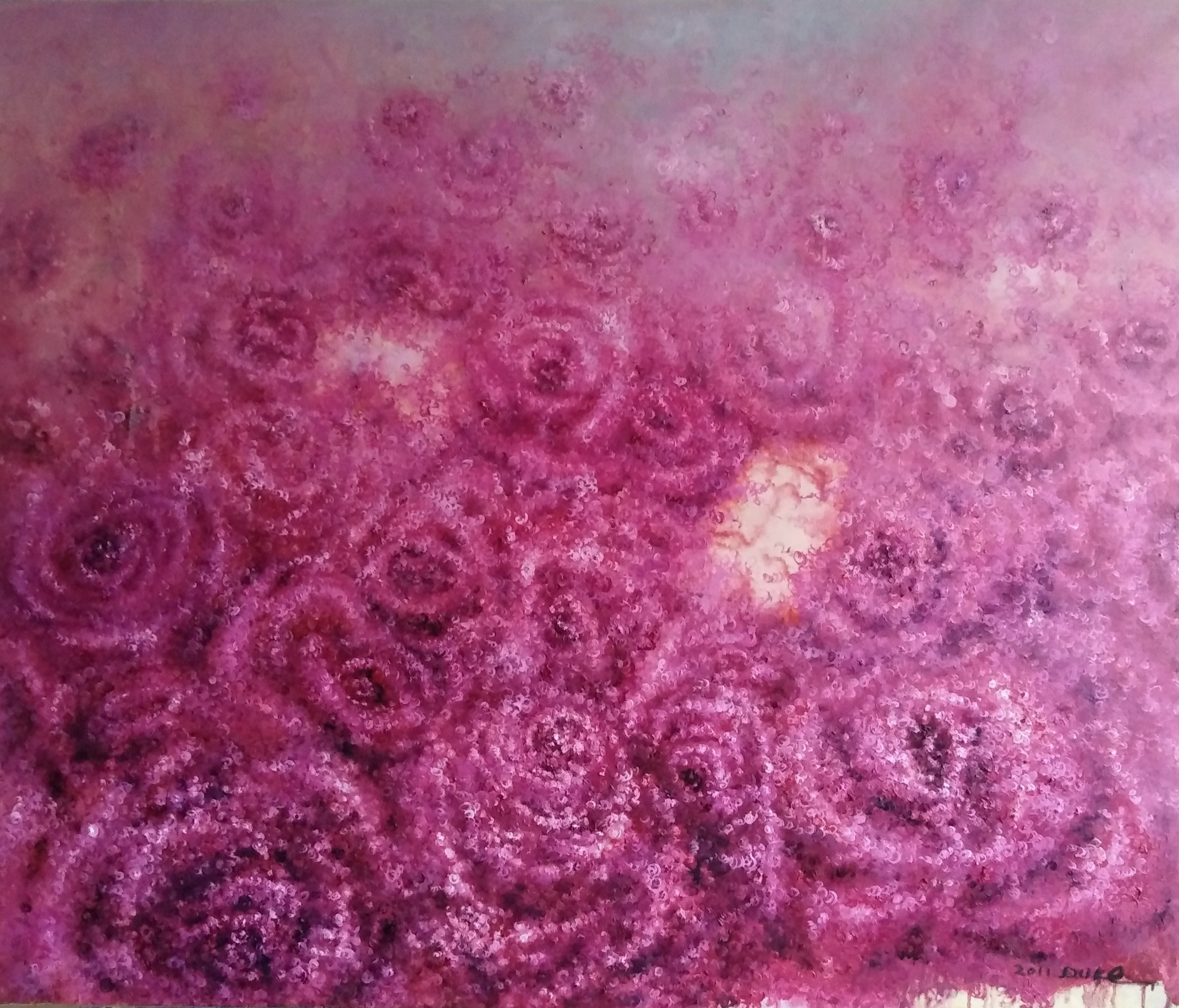 A painting of pink roses on a pink background.