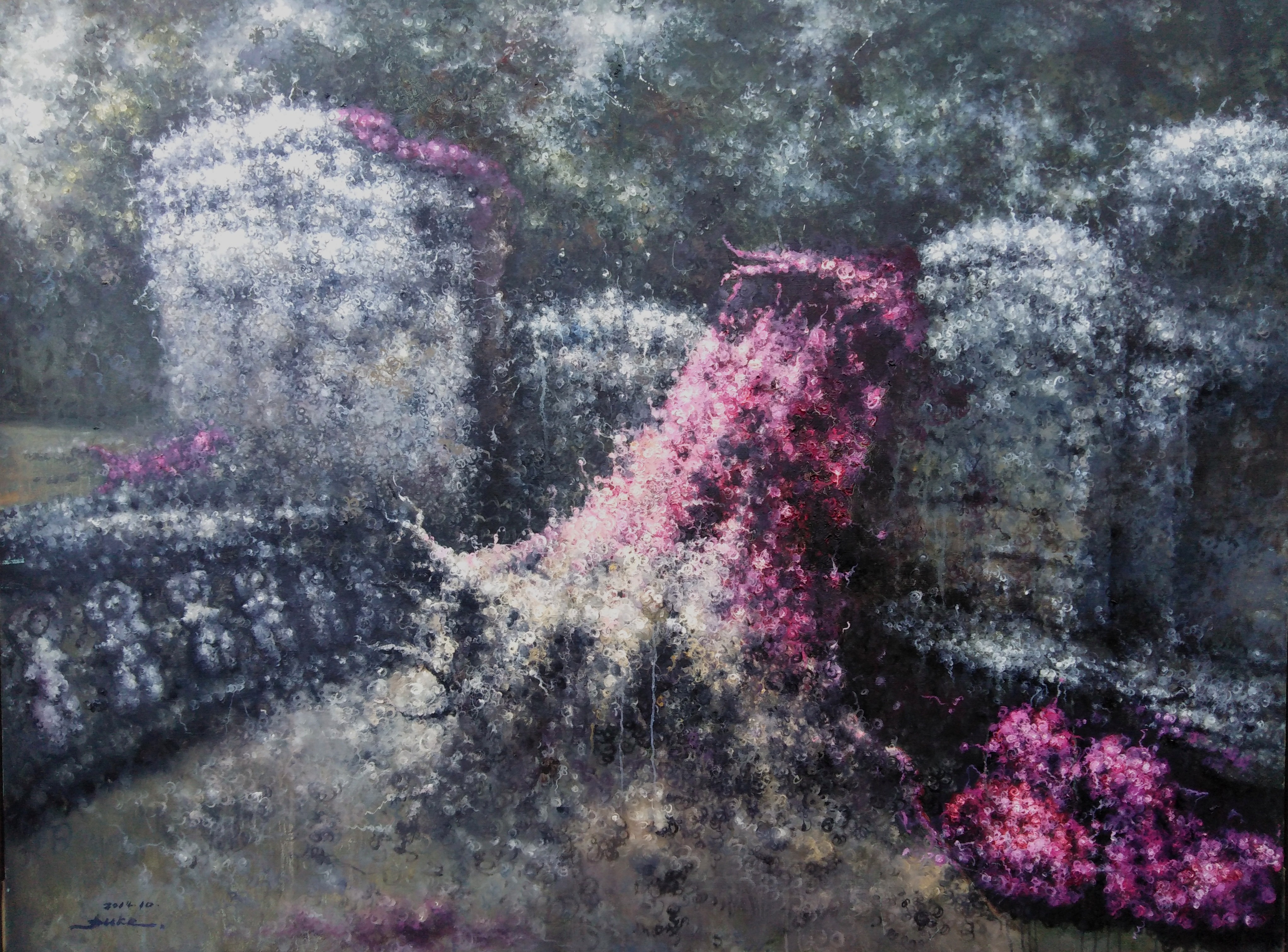 A painting of a bridge with pink flowers in the foreground.