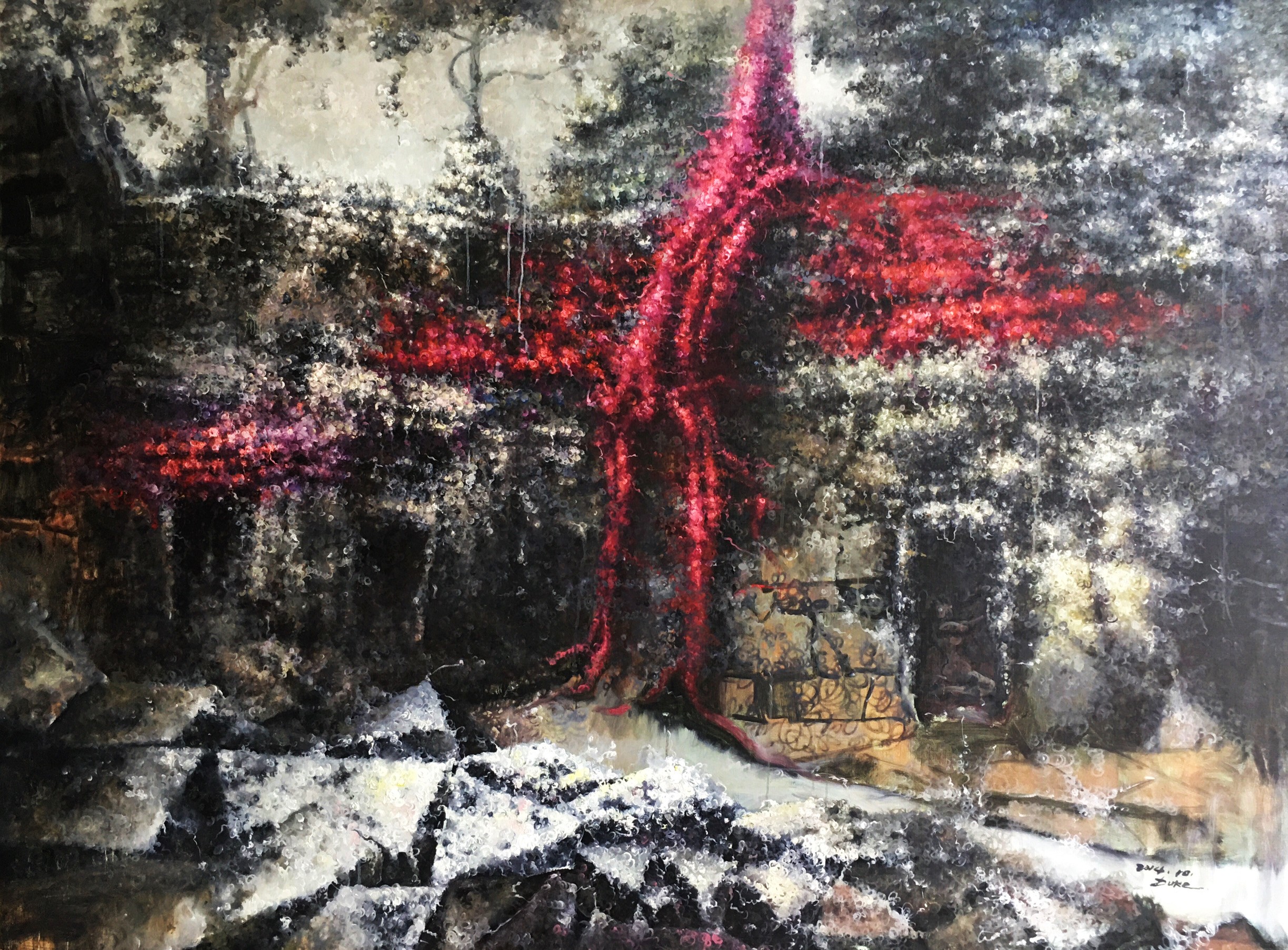 A painting of a red tree in the middle of a forest.