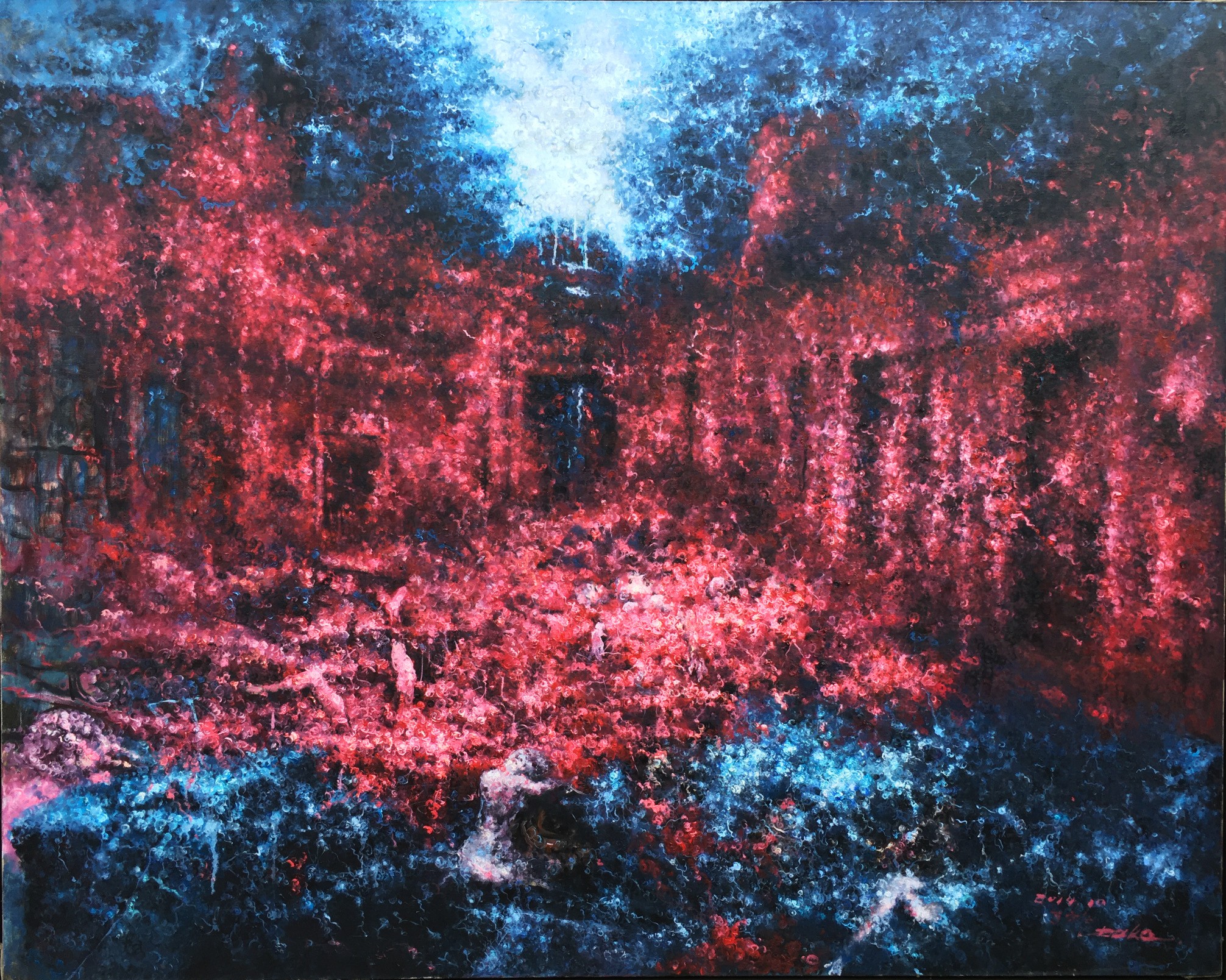A painting of a red and blue landscape with trees.