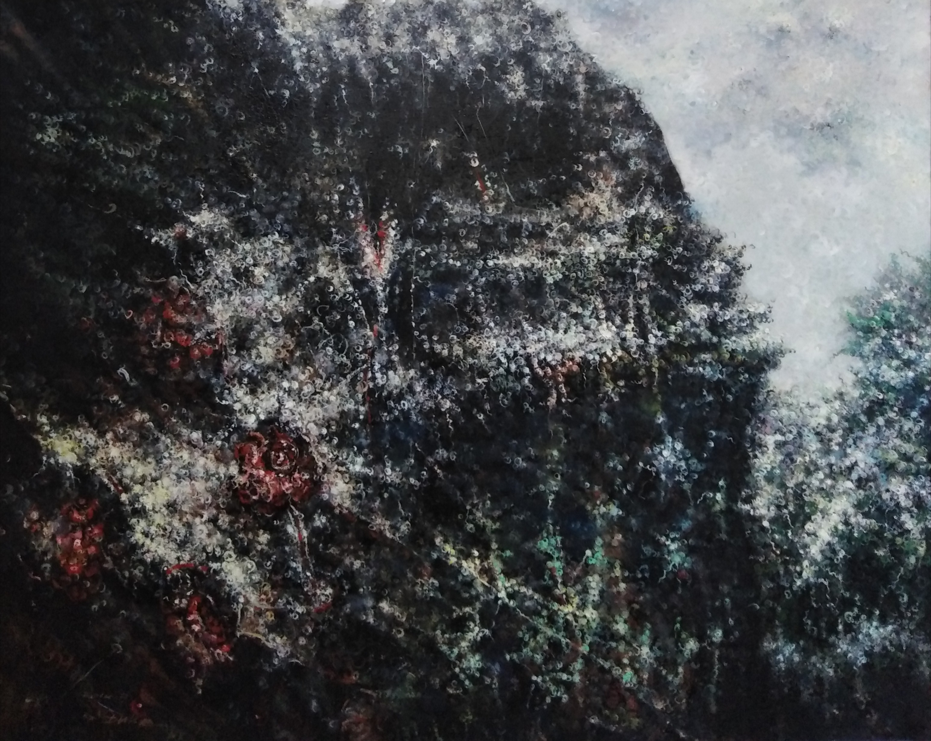A painting of a mountain with trees in the background.