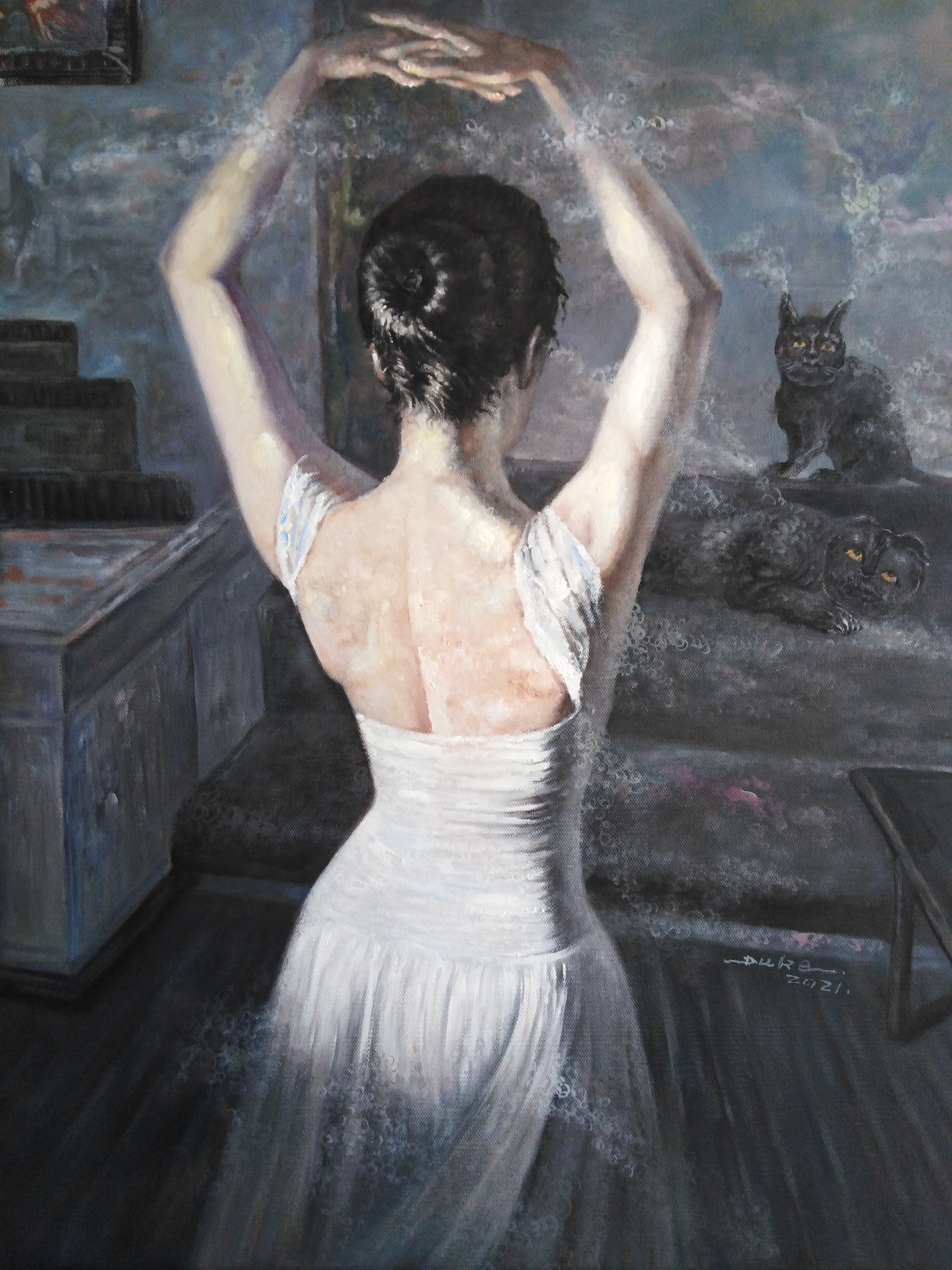 A painting of a woman in a white dress with a cat in the background.