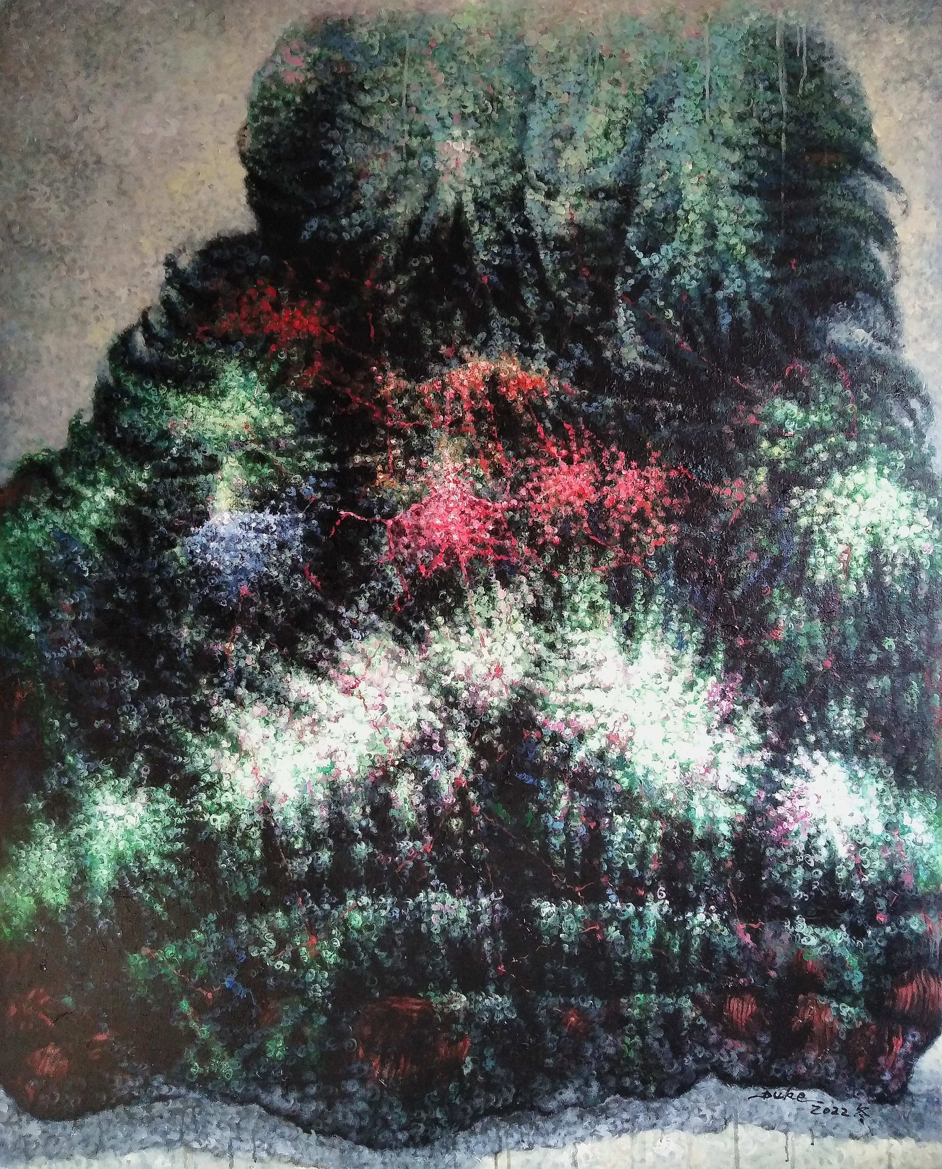 A painting of a tree in the middle of a forest.